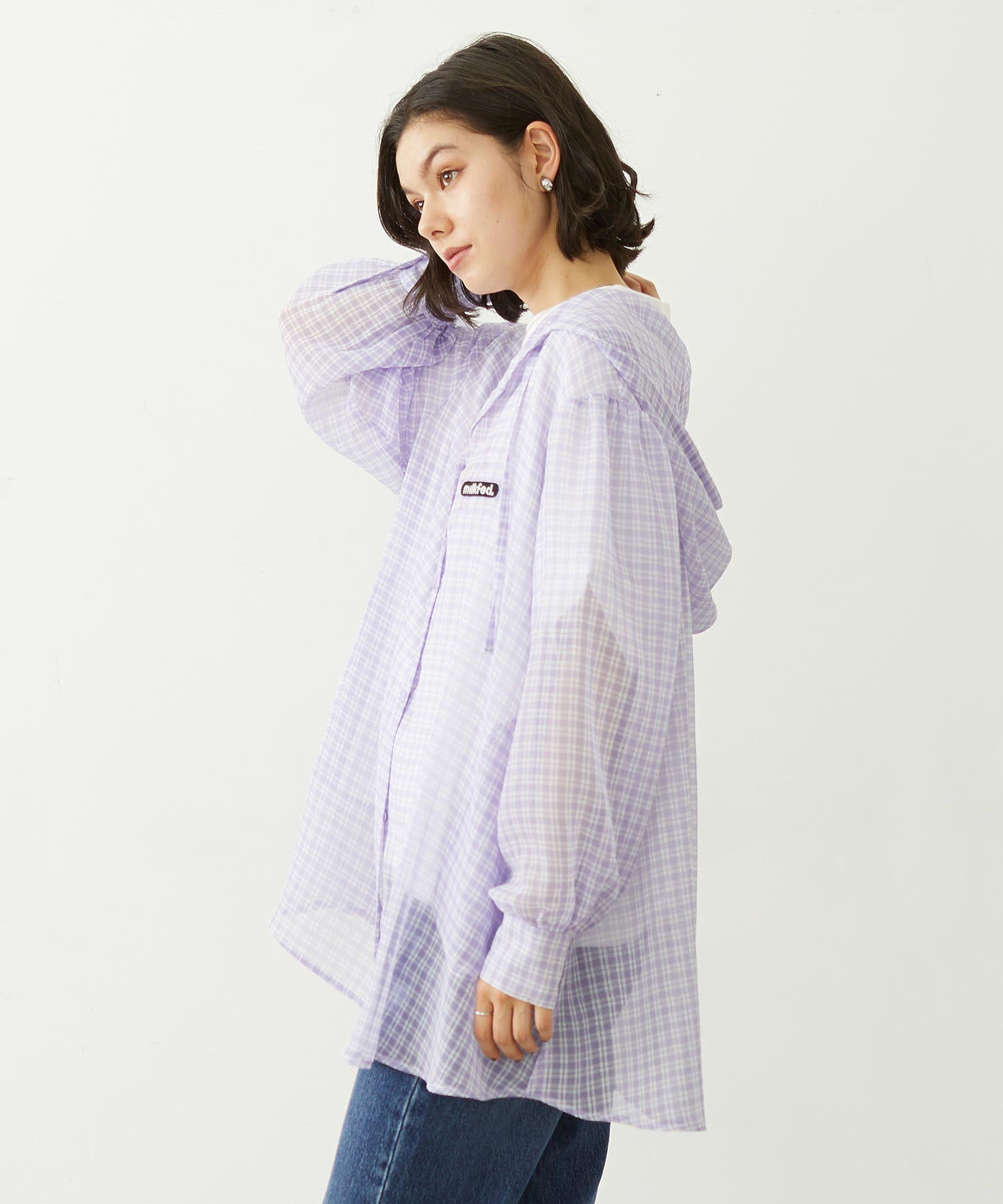 SHEER PLAID HOODED TOP
