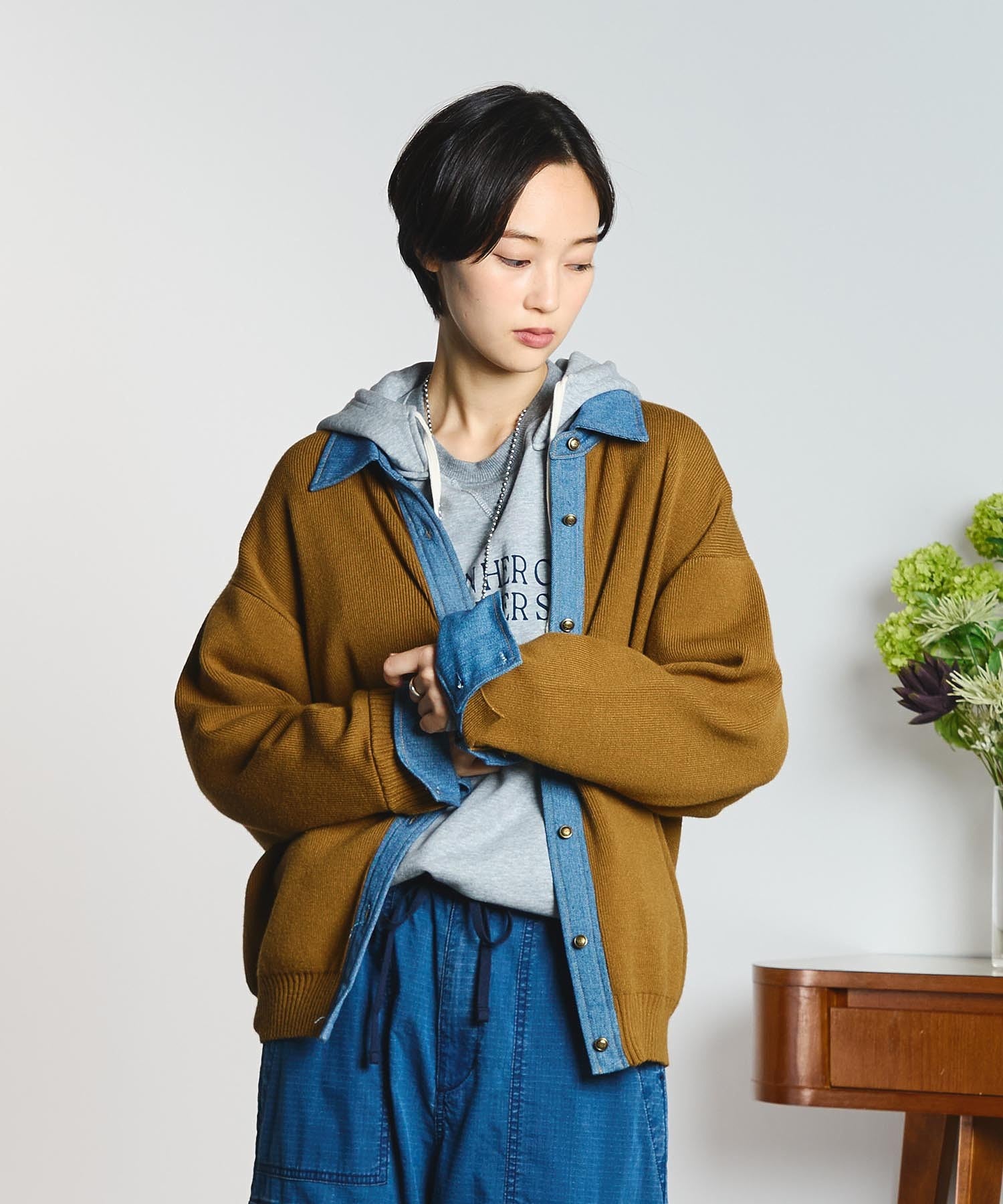 GENE HEAVENS/KNIT x DENIM CARDIGAN