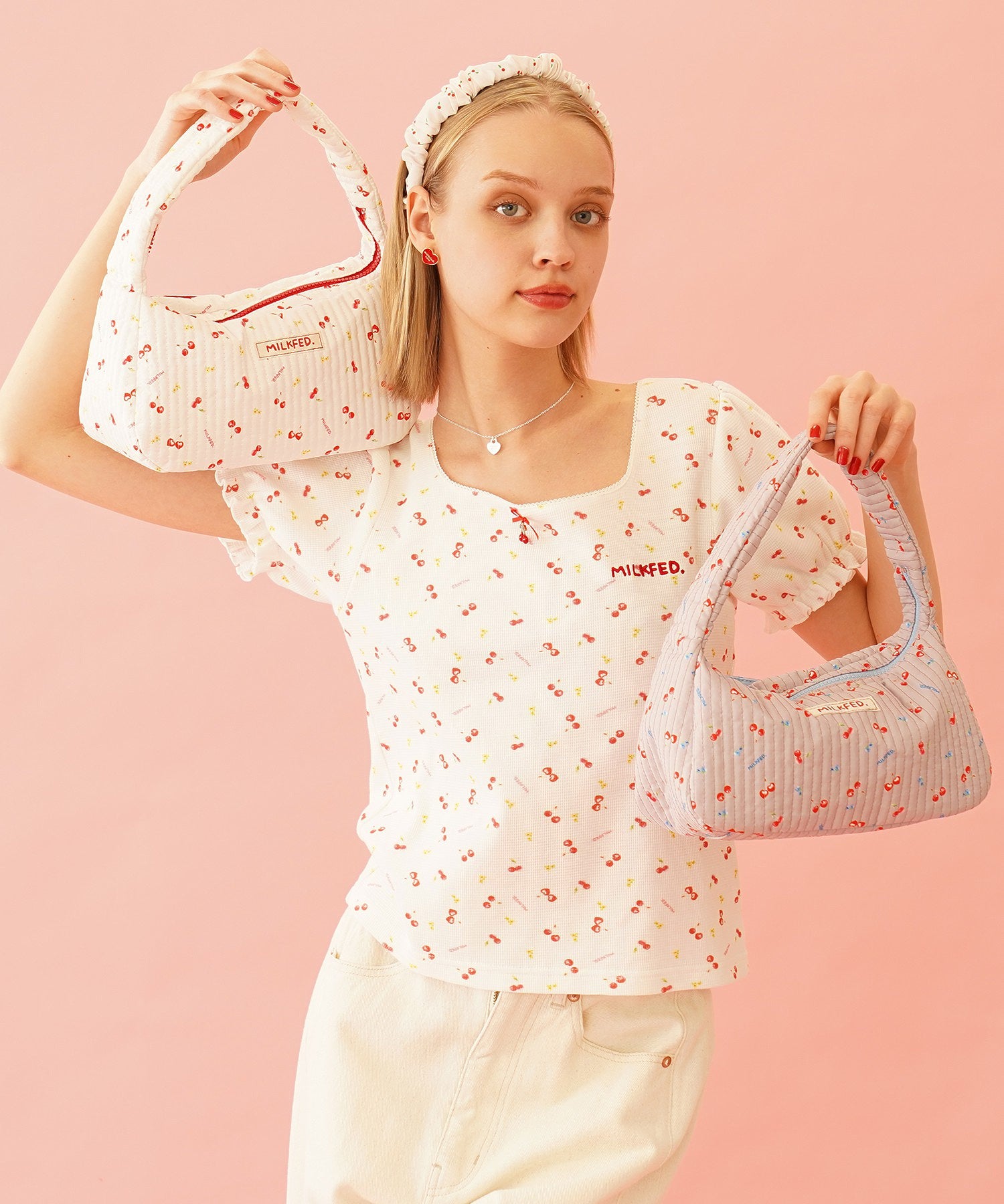 CHERRY PATTERN WAFFLE PUFF SLEEVES TOP