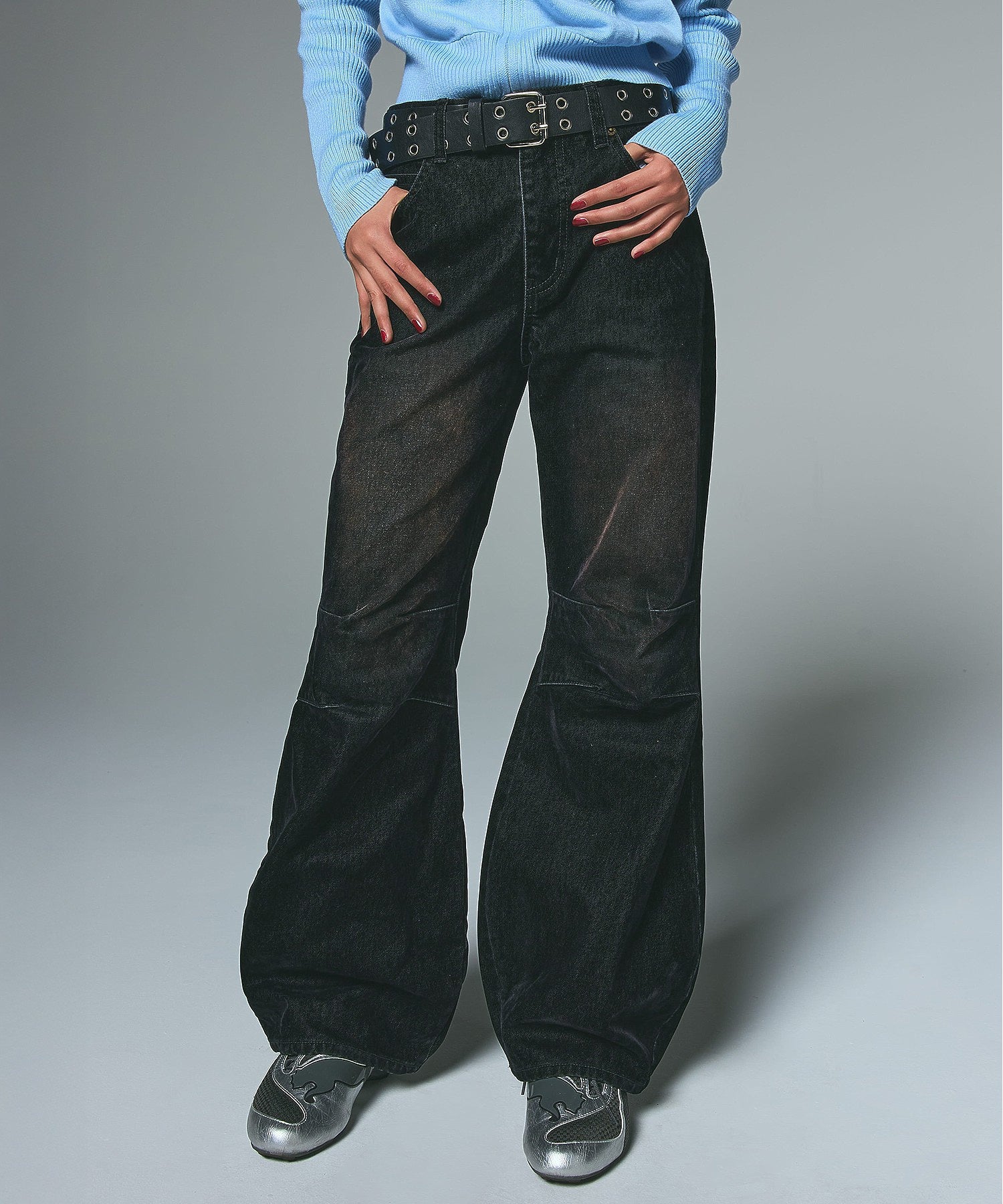 FLOCKED DENIM FLARE PANTS