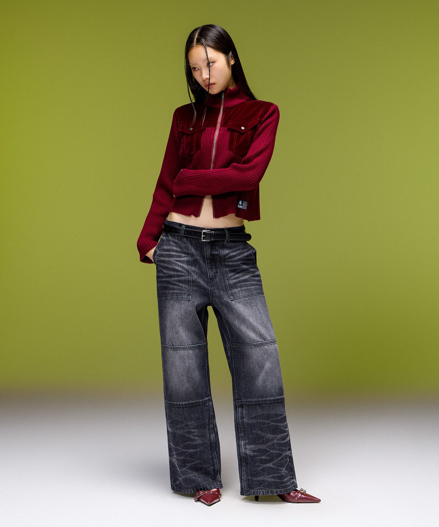 METAL LOGO STUDDED FAUX LEATHER BELT