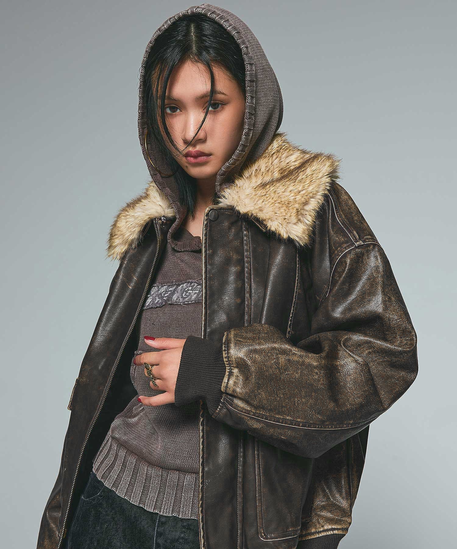 EMBOSSED LOGO PATCH DISTRESSED FAUX LEATHER JACKET