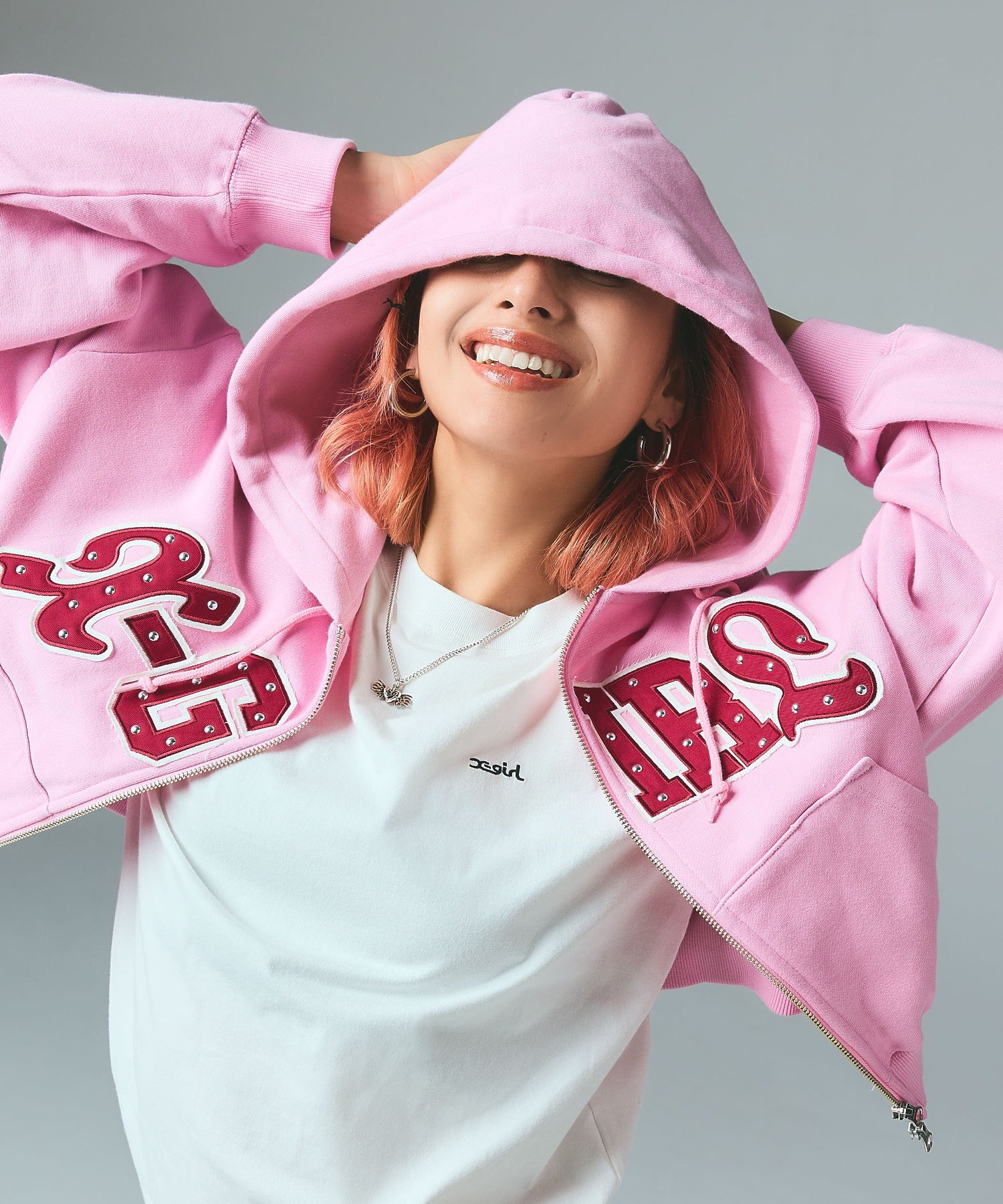 STUDDED LOGO ZIP UP SWEAT HOODIE