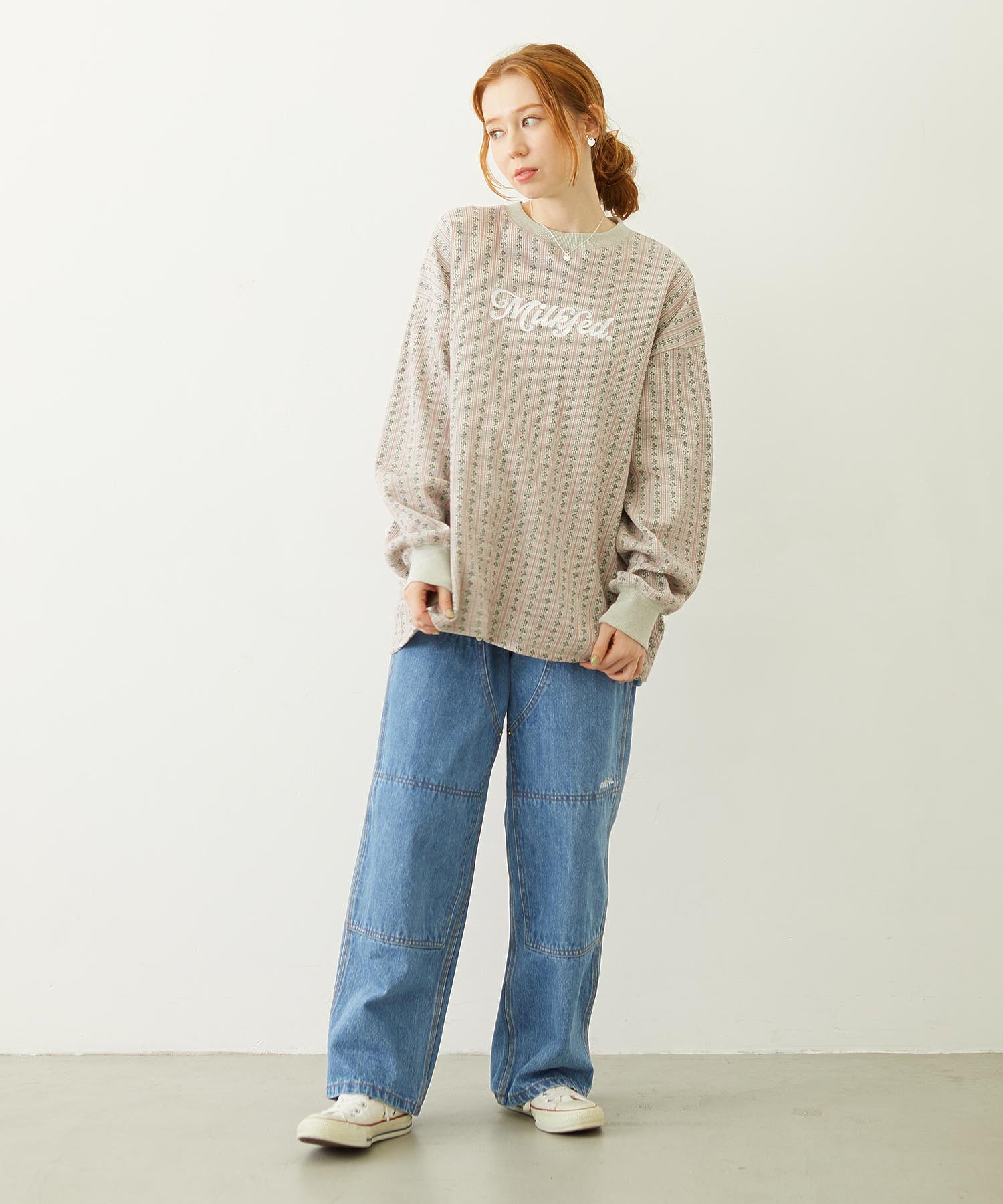 STRIPED FLOWER WAFFLE L/S TOP