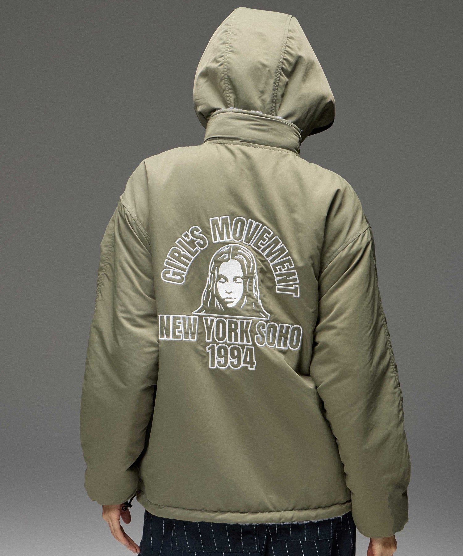 BRUSHED COLLAGE GRAPHIC REVERSIBLE BOA BLOUSON