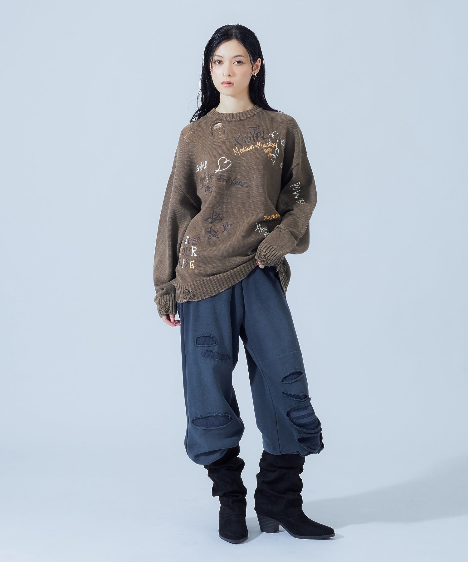 GRAFFITI LOGO DISTRESSED KNIT TOP