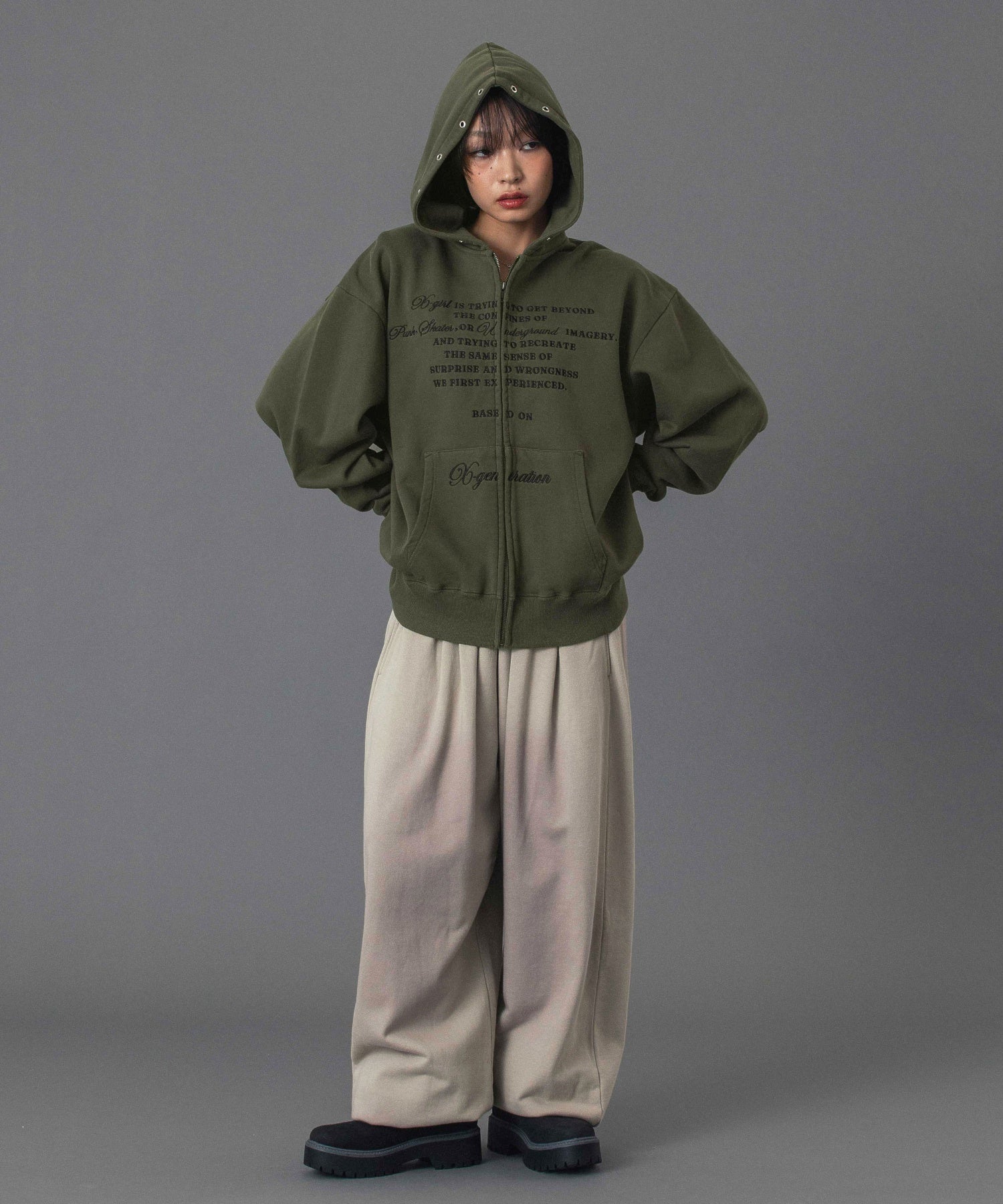 EYELET EMBROIDERY ZIP UP SWEAT HOODIE