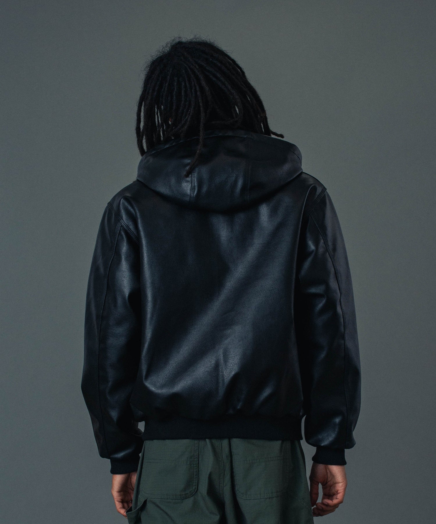 FAUX LEATHER HOODED WORK JACKET