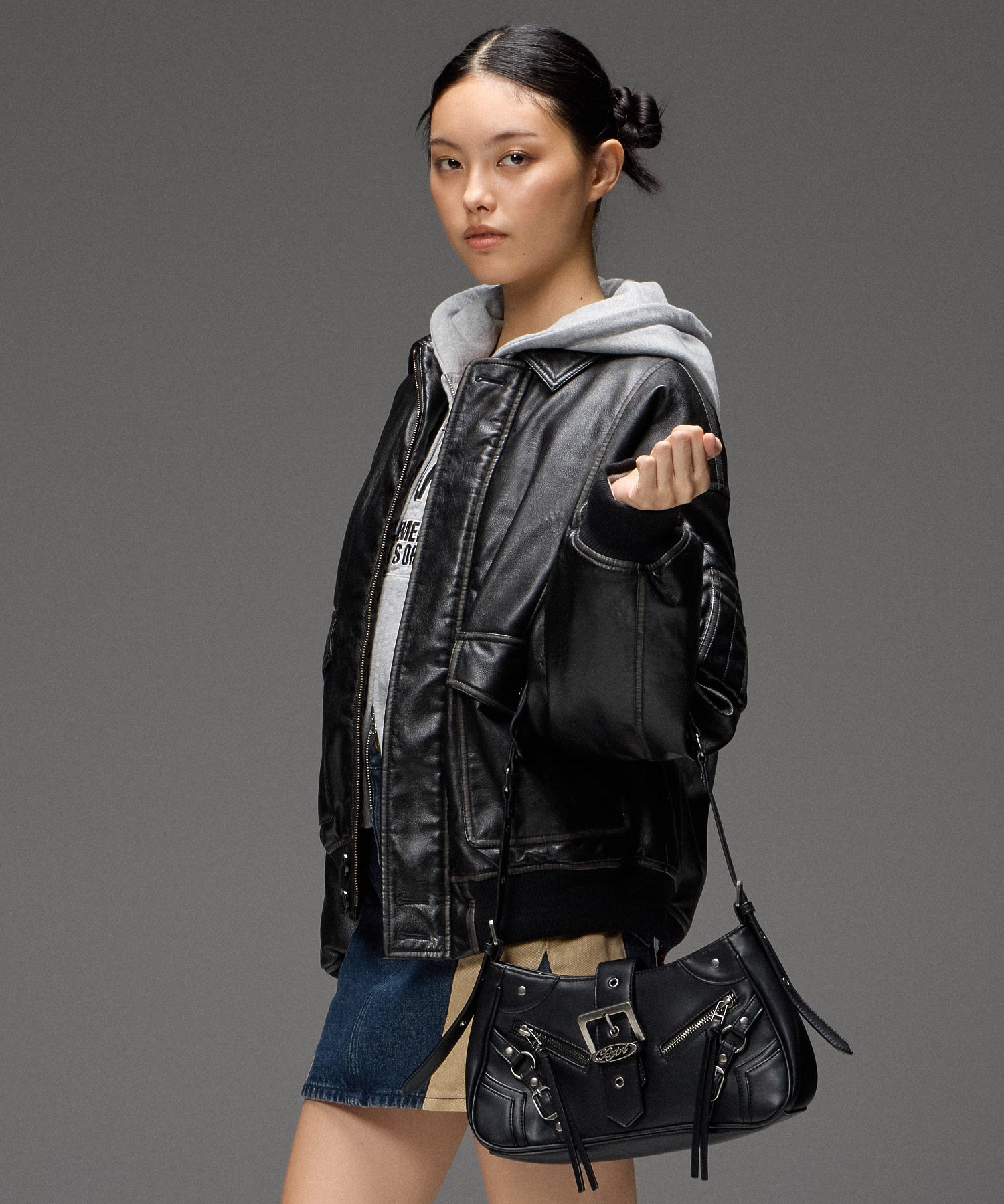 ZIP AND BELT FAUX LEATHER BAG