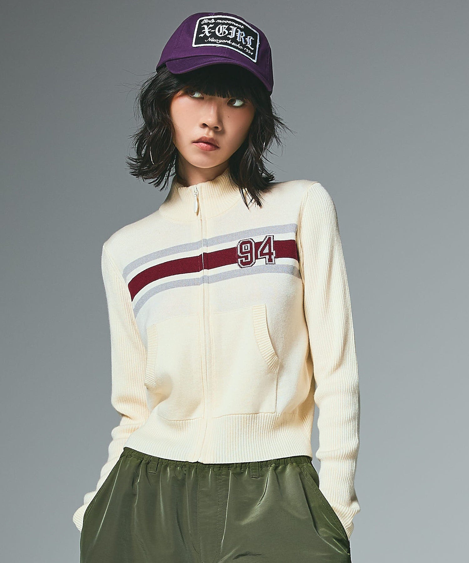 NUMBERING JACQUARD ZIP UP KNIT TOP
