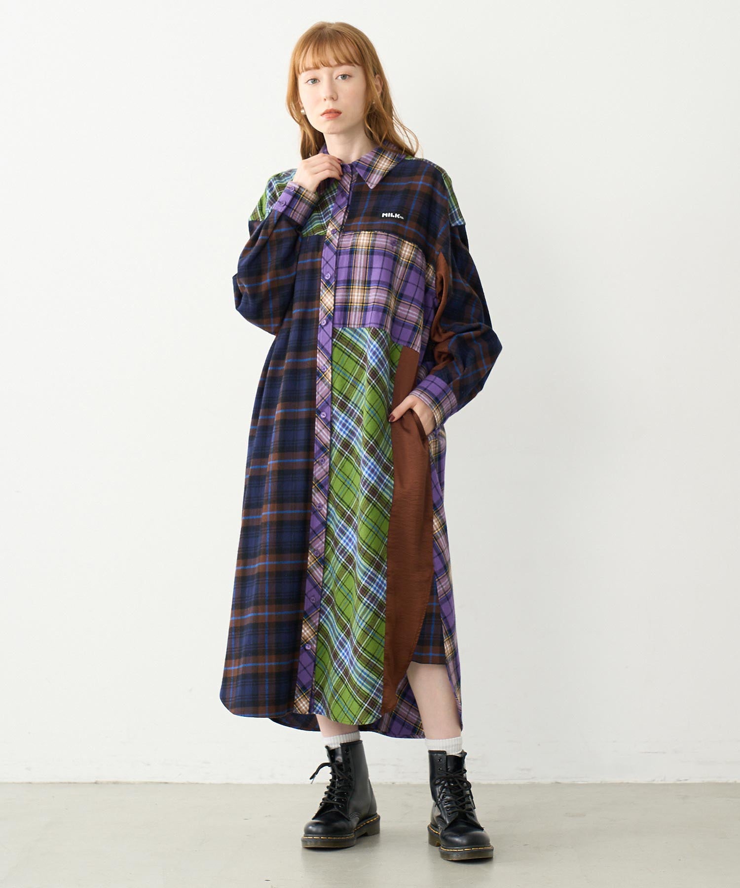 PLAID PATCHWORK SHIRT DRESS