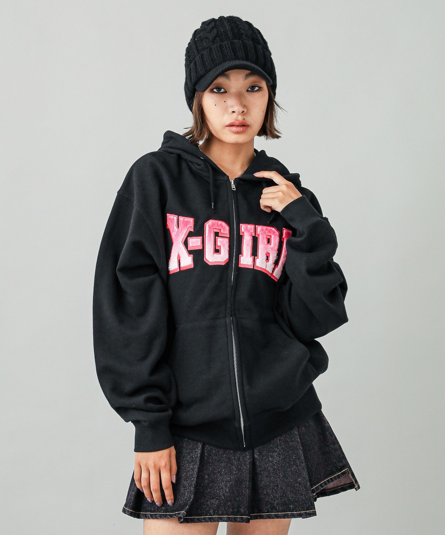 FAUX FUR LOGO ZIP UP SWEAT HOODIE