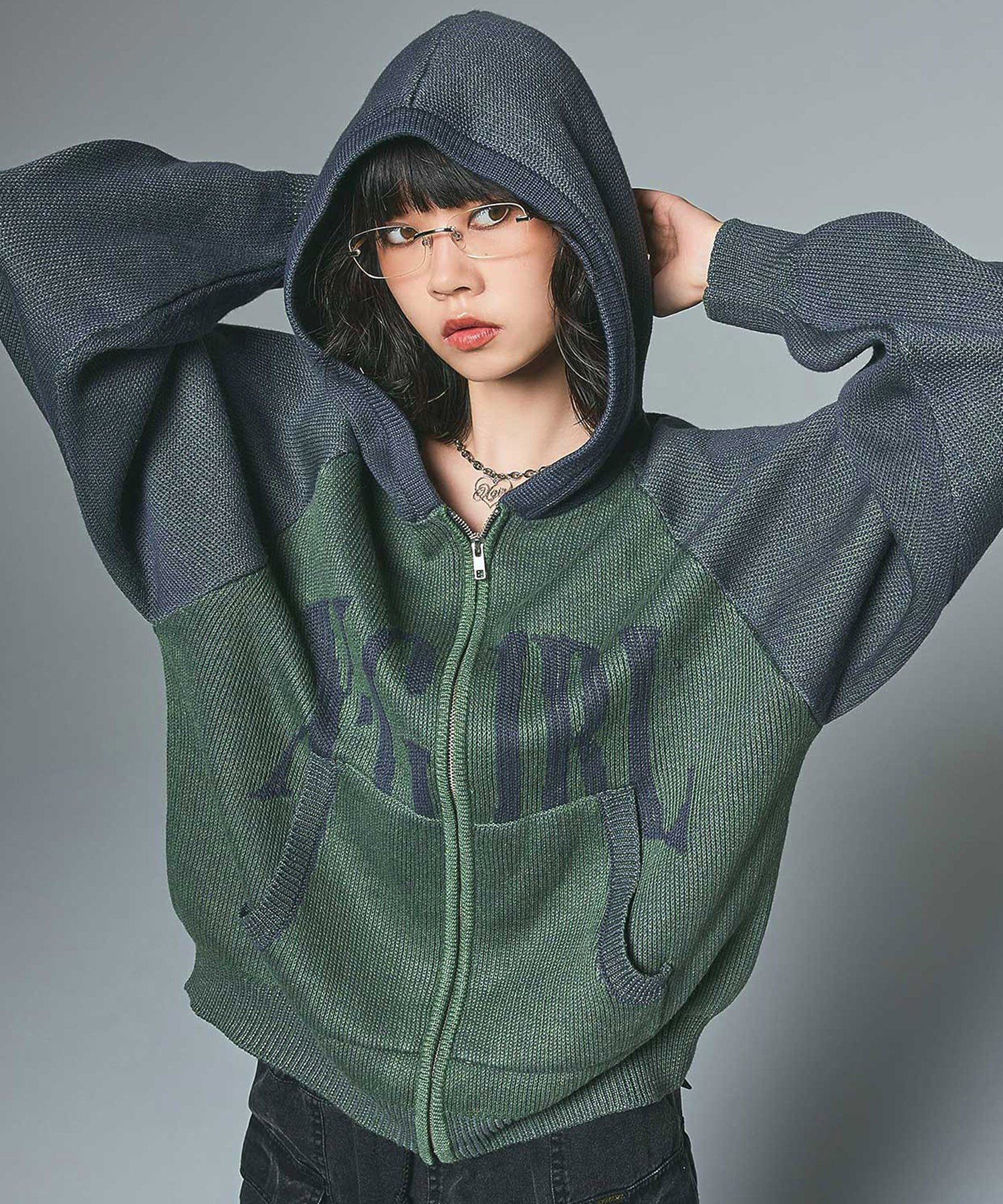 LOGO JACQUARD ZIP UP KNIT HOODIE