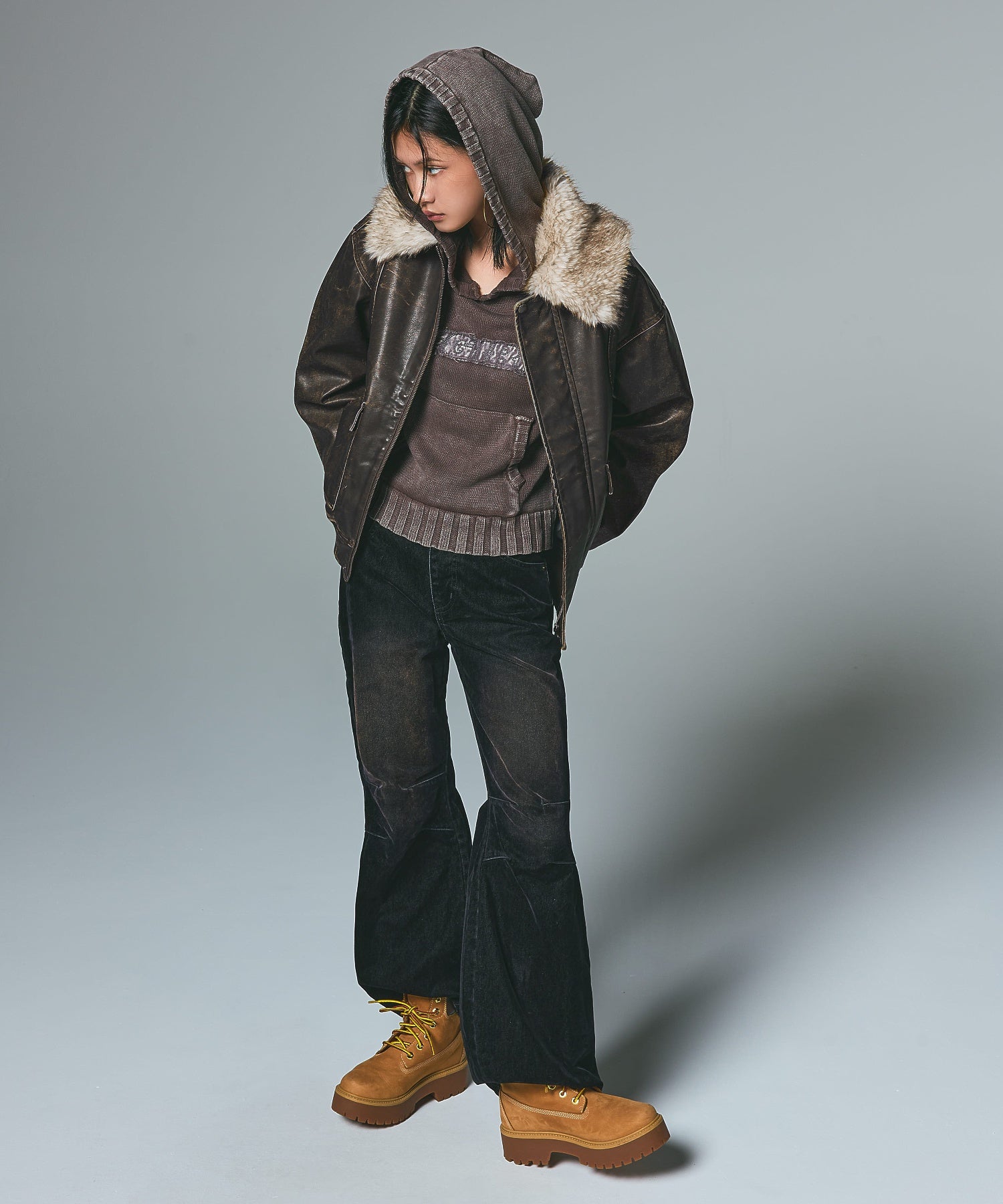 FADED WOVEN MIX KNIT HOODIE