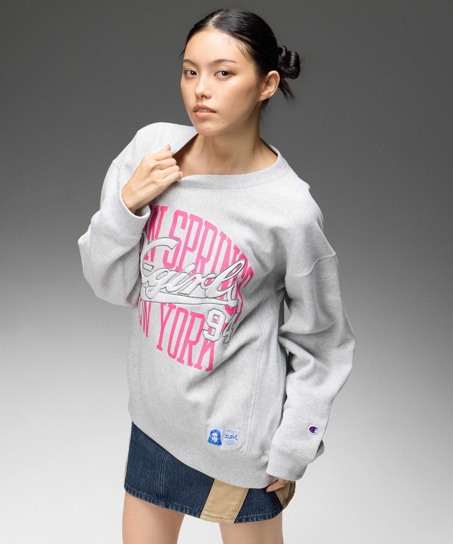 X-girl x Champion REVERSE WEAVE® PRINT AND PATCHED LOGO SWEATSHIRT