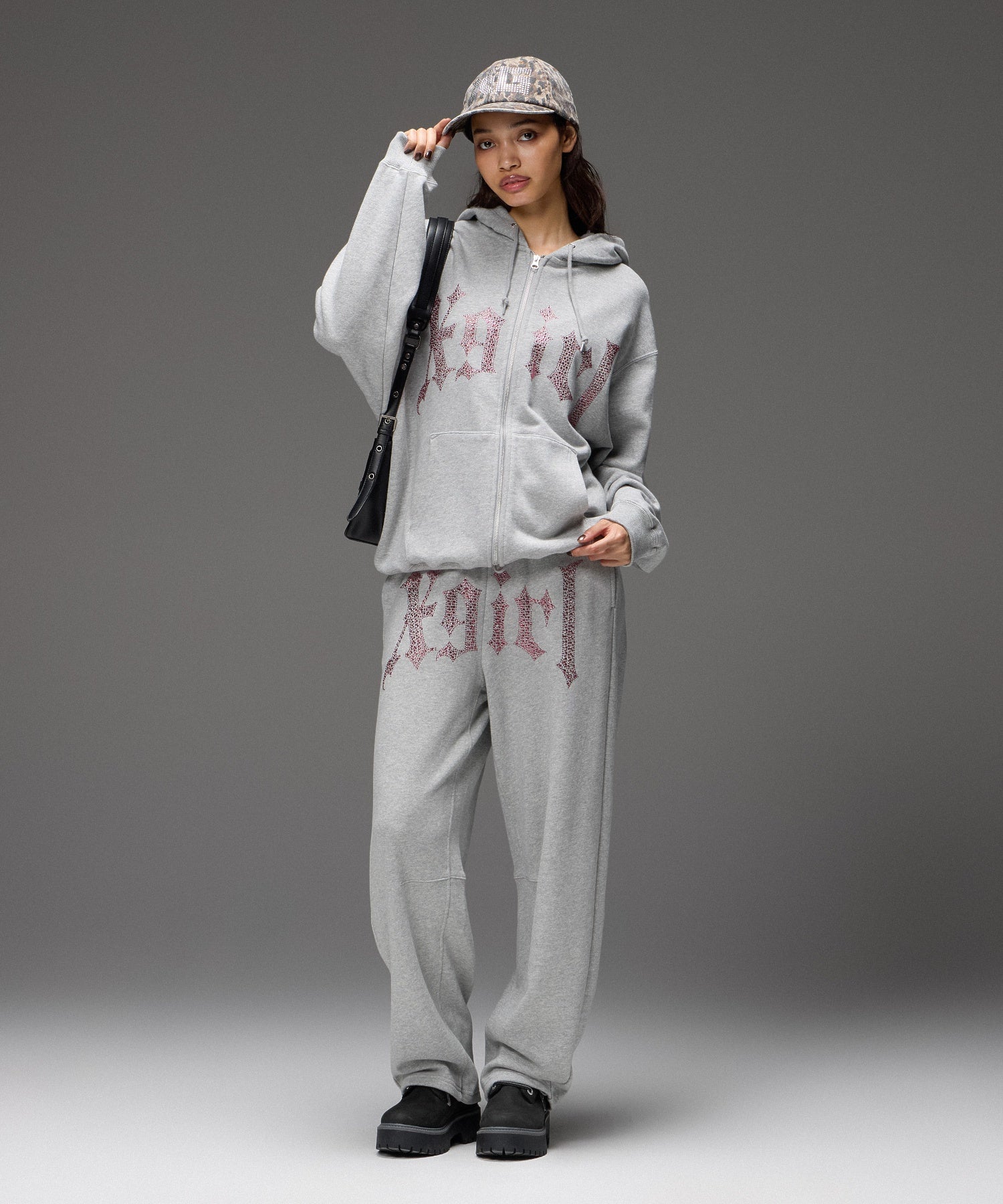 RHINESTONE BLACKLETTER LOGO ZIP UP SWEAT HOODIE