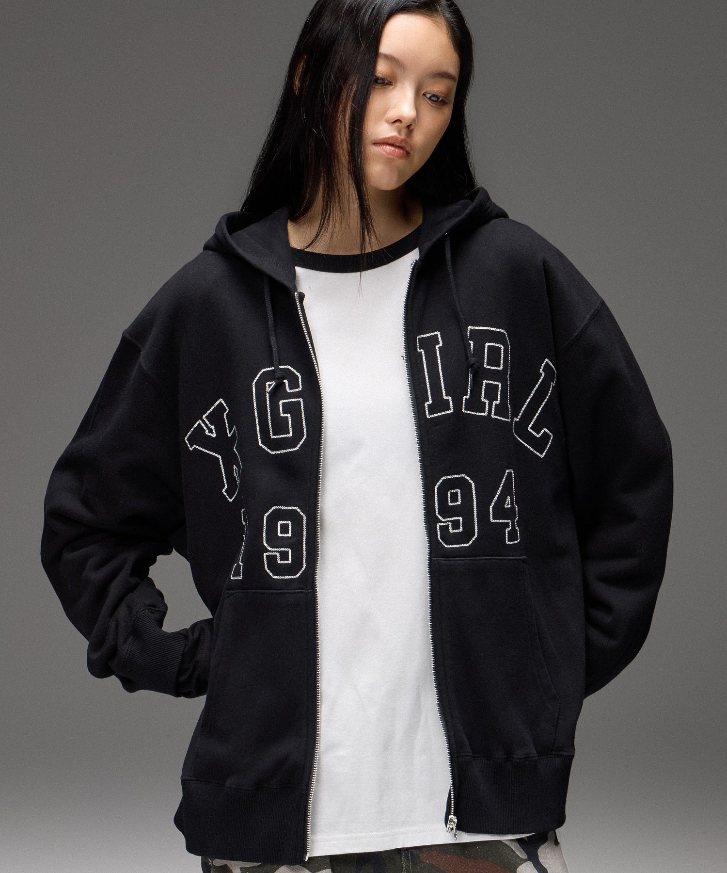 LOGO PATCH AND STITCH ZIP UP SWEAT HOODIE