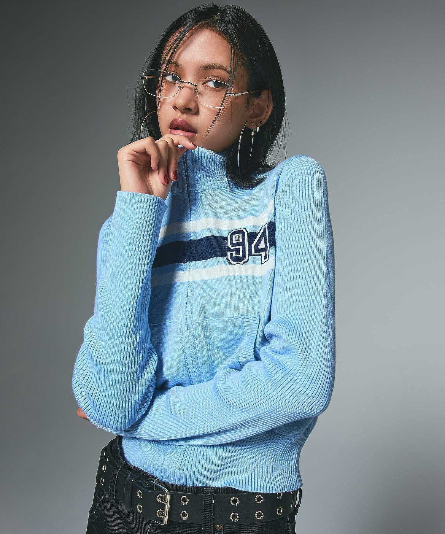 NUMBERING JACQUARD ZIP UP KNIT TOP