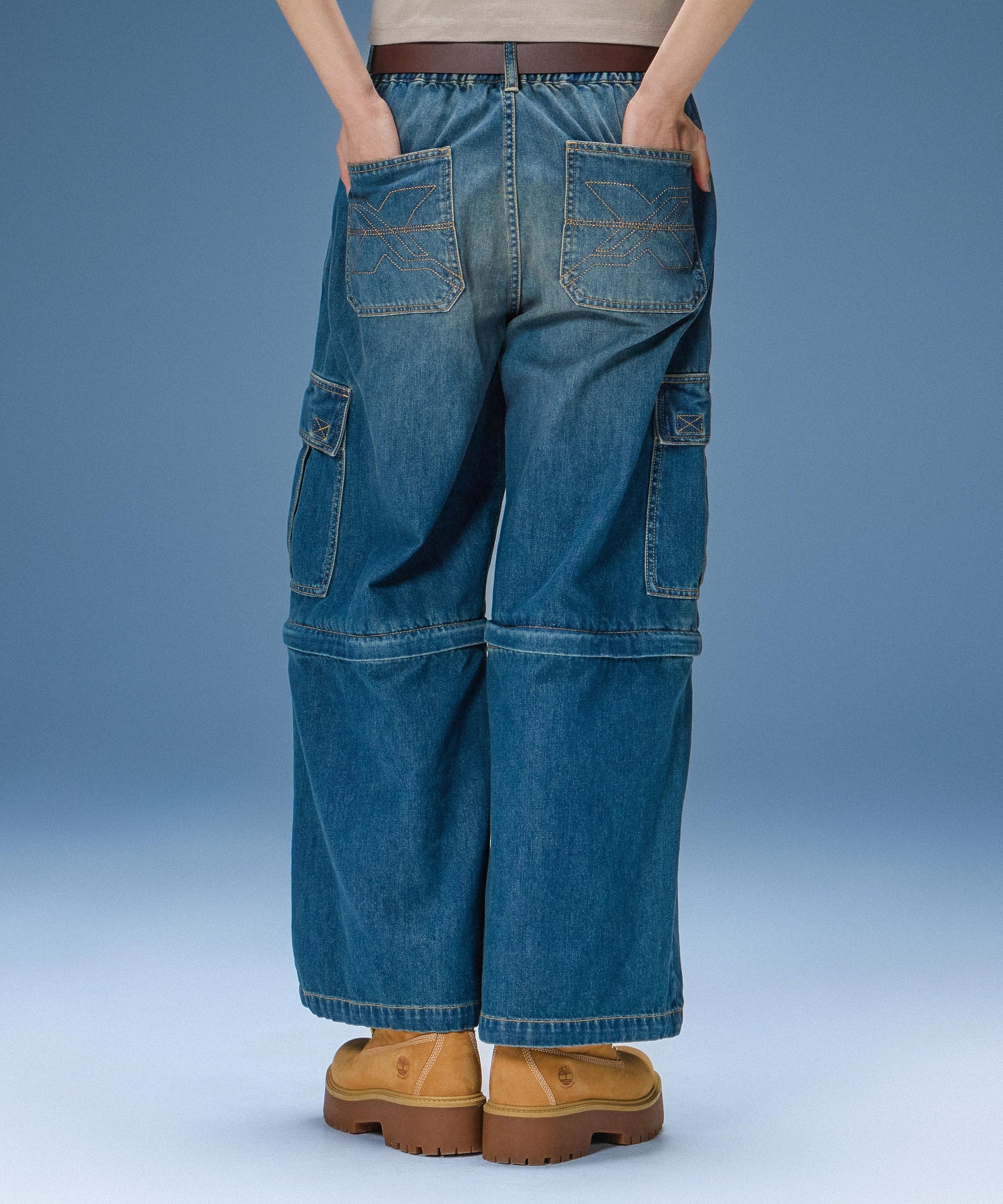FADED 2WAY WIDE LEG DENIM CARGO PANTS