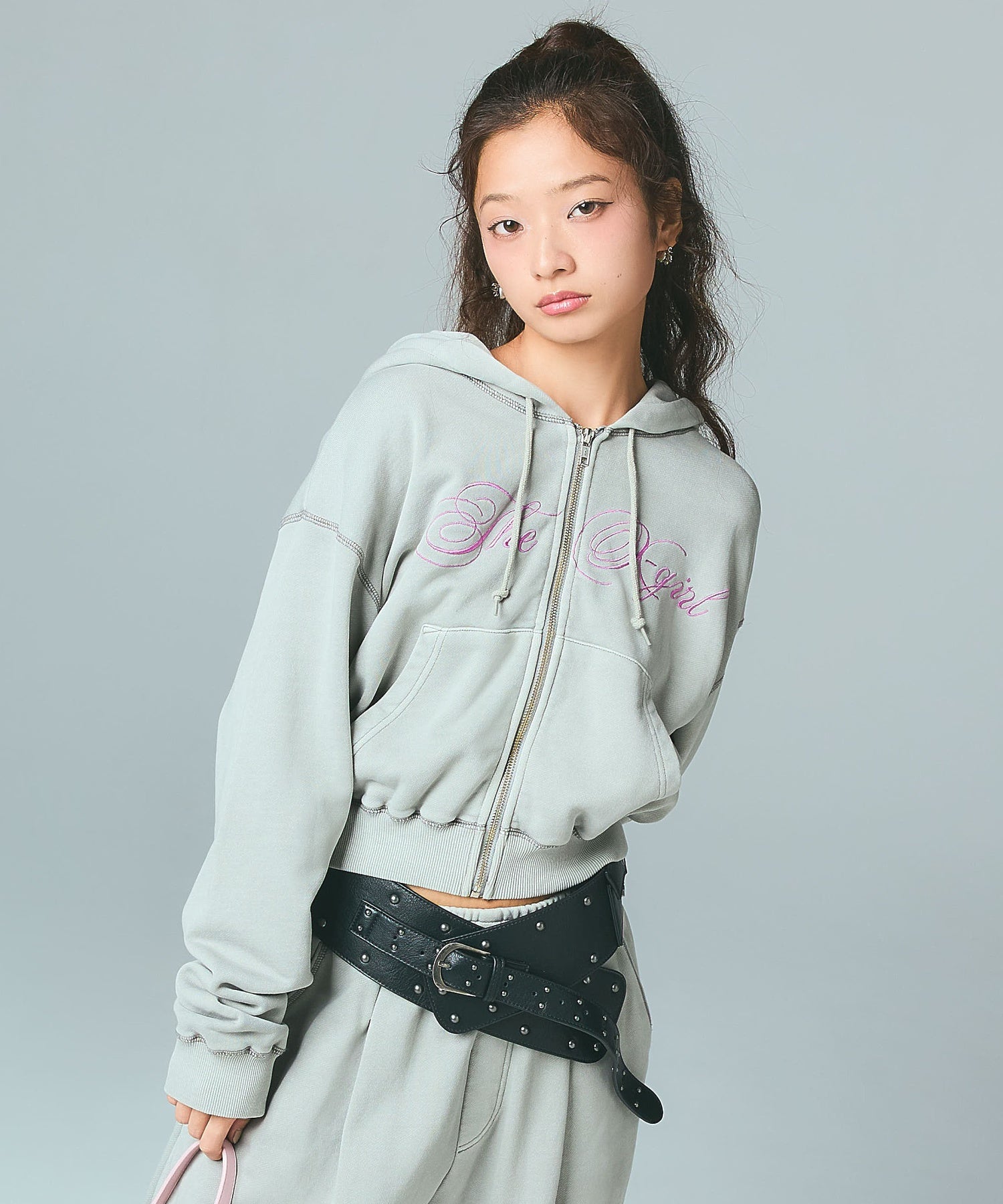 PIGMENT DYED SCRIPT LOGO COMPACT ZIP UP SWEAT HOODIE