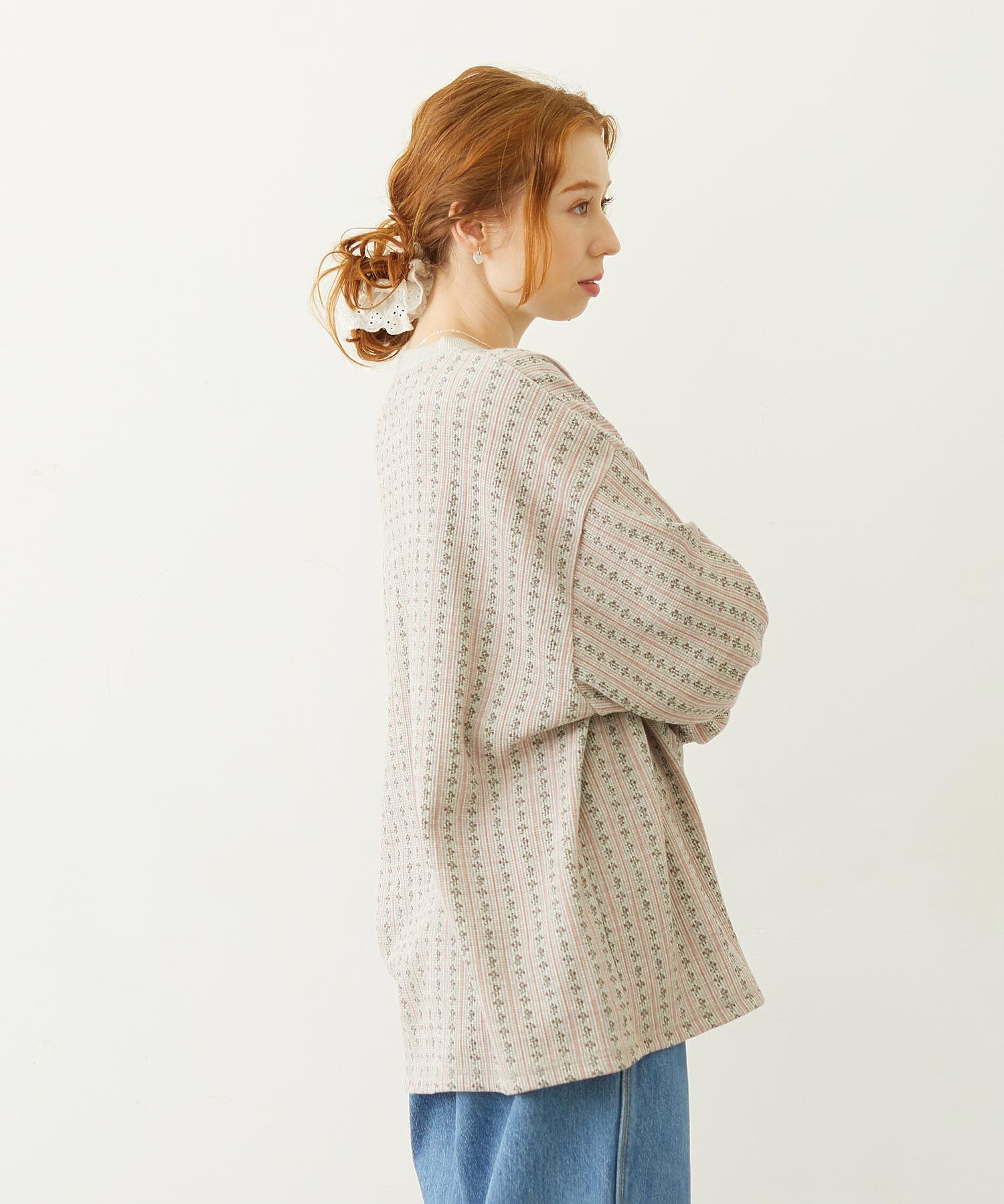 STRIPED FLOWER WAFFLE L/S TOP