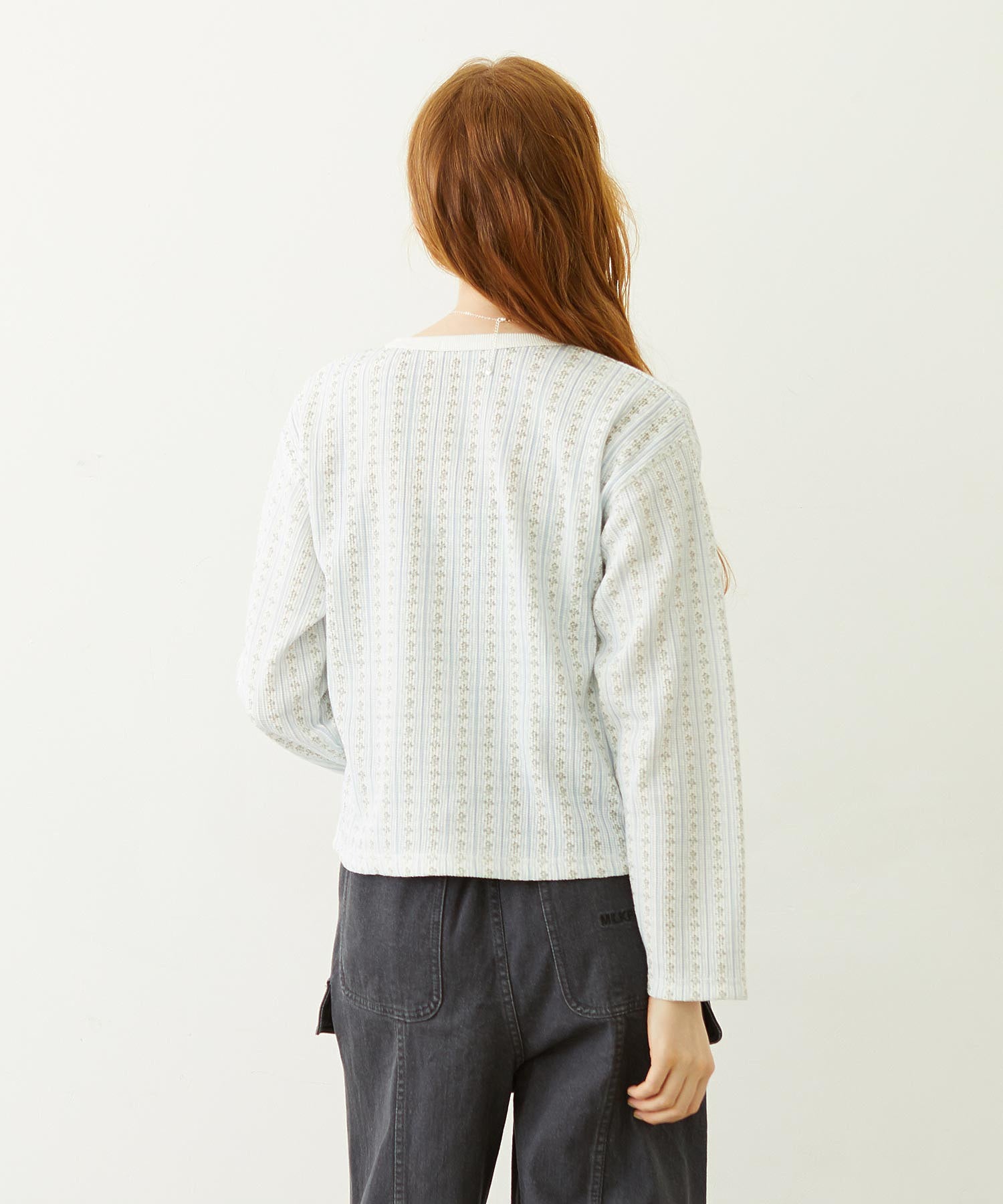 STRIPED FLOWER WAFFLE CARDIGAN