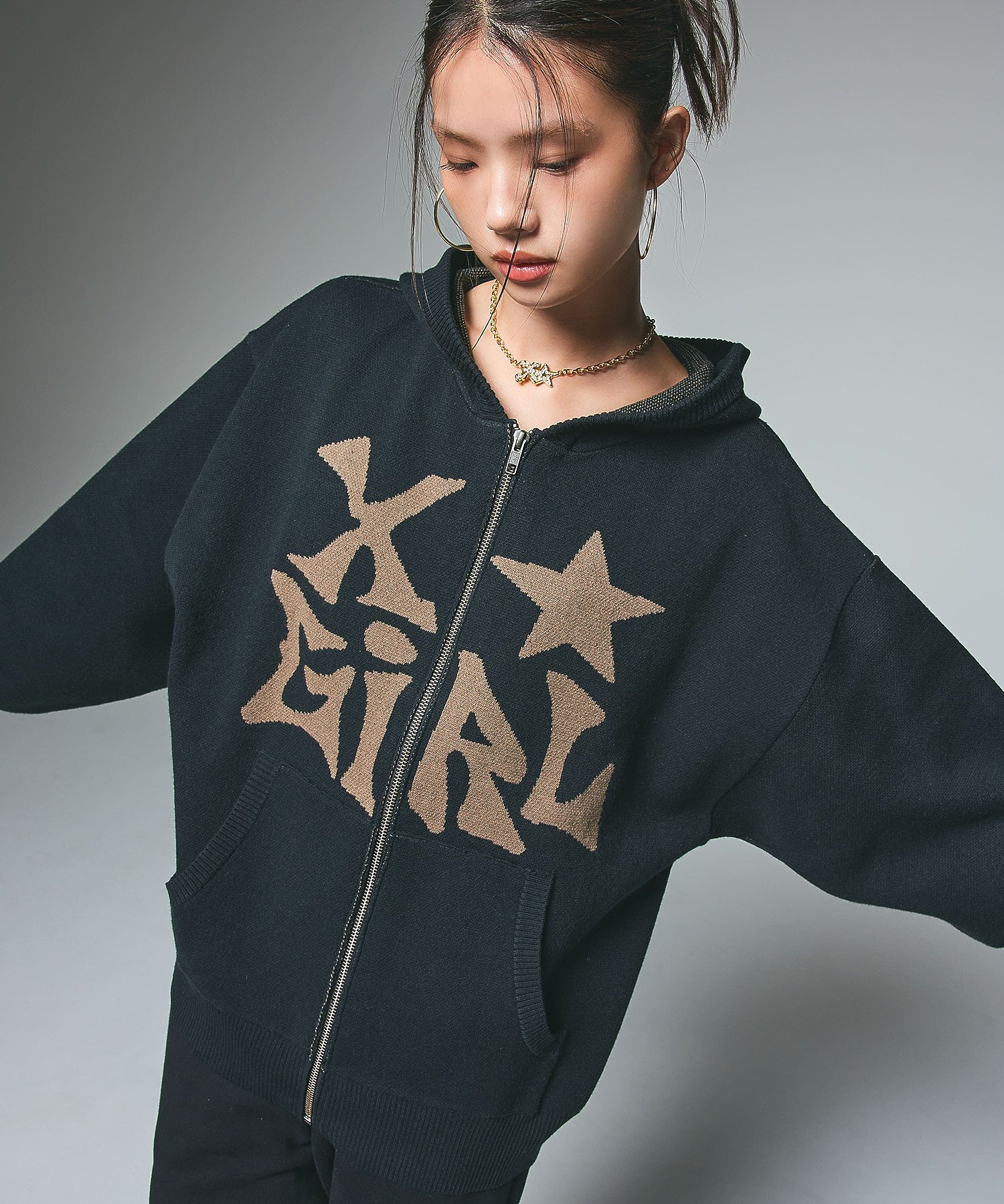 JACQUARD KNIT ZIP UP HOODIE
