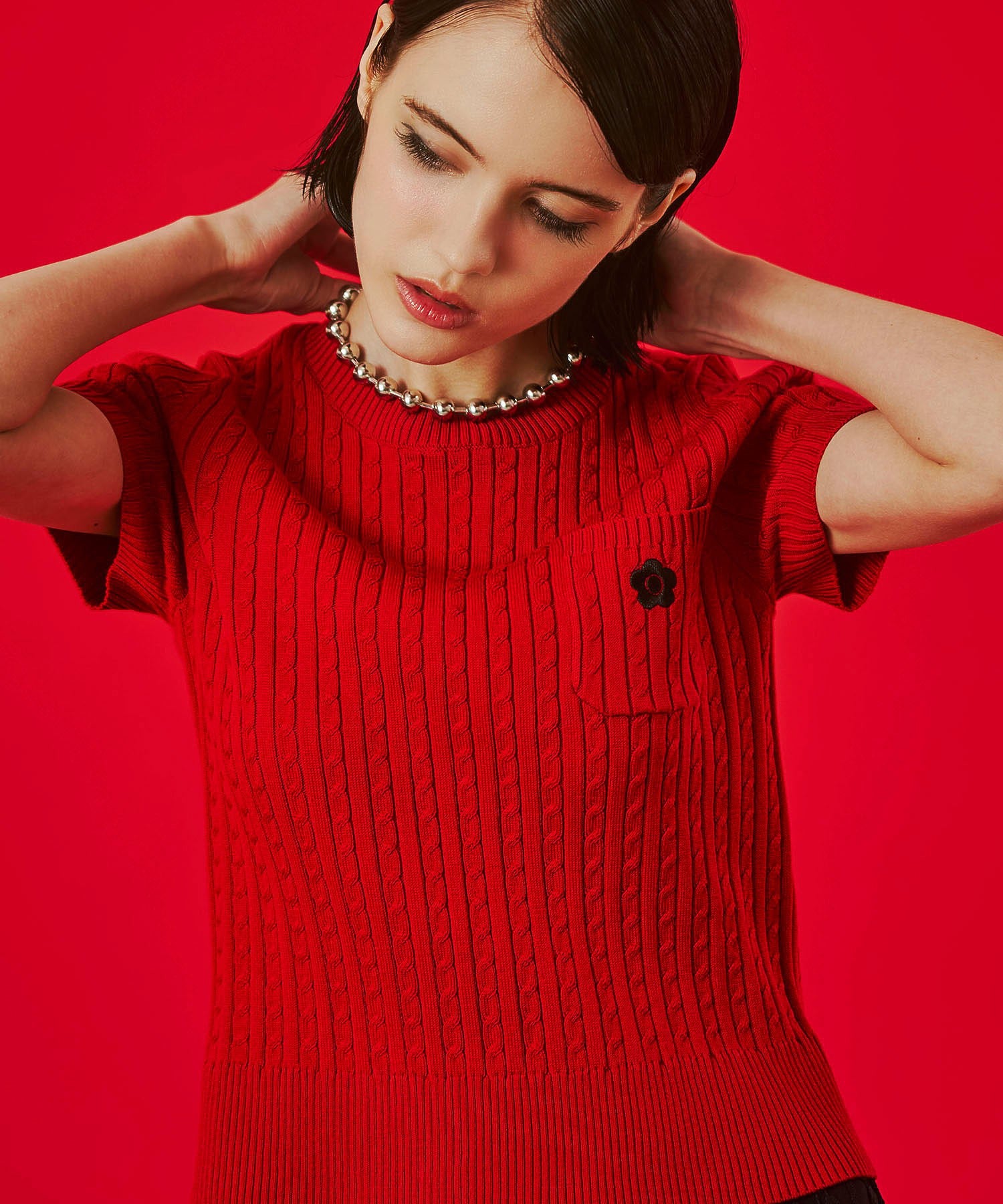 【レッドROSE BUD別注カラー】MARY QUANT/CABLE HALF SLEEVE KNIT
