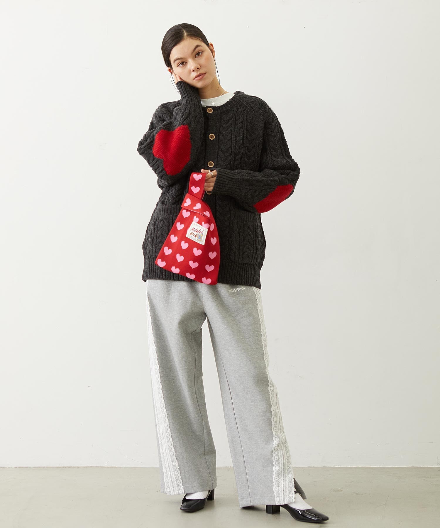 HEART ELBOW CABLE KNIT CARDIGAN