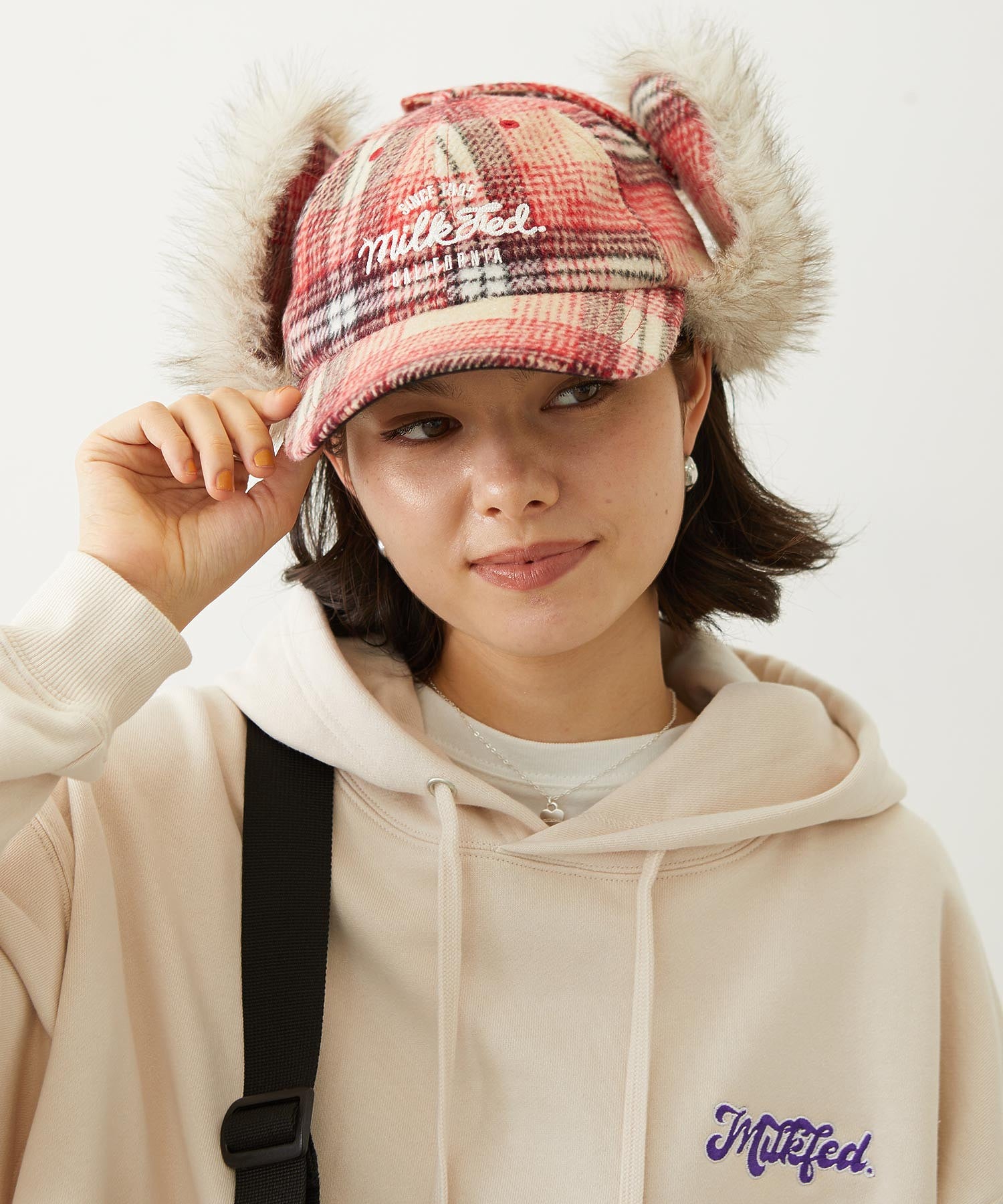 PLAID PATTERN FUR EAR FLAP