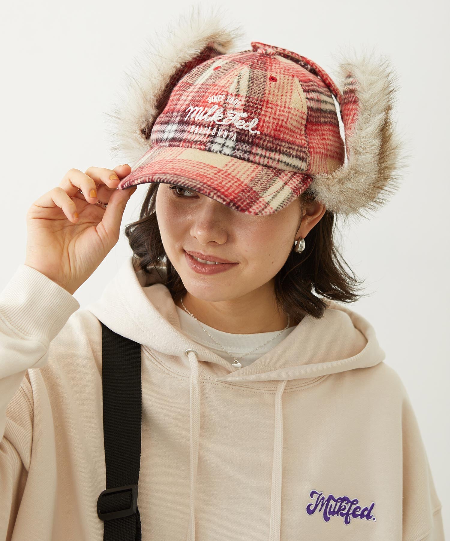 PLAID PATTERN FUR EAR FLAP
