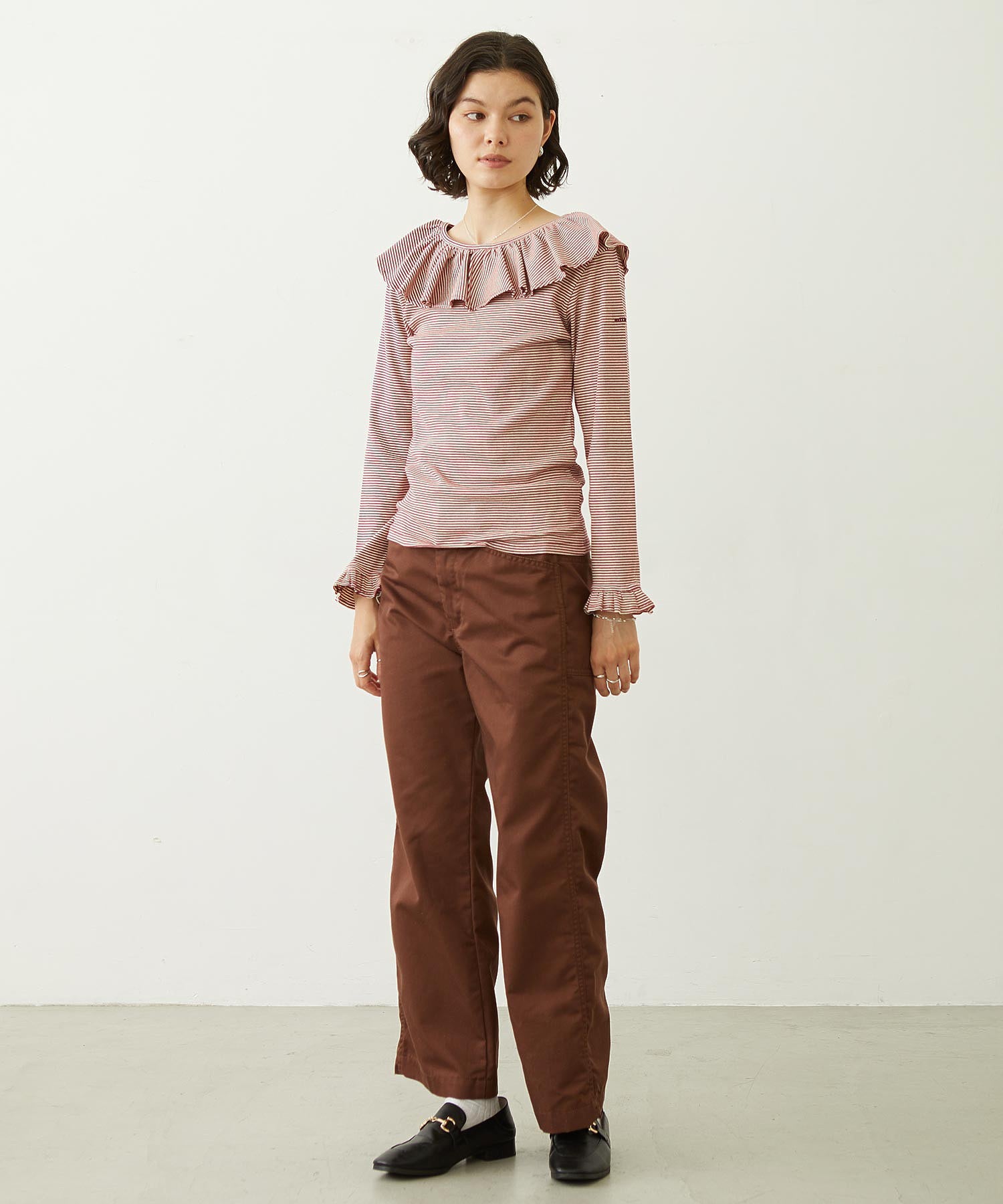 2WAY RUFFLE COLLAR STRIPED L/S TOP