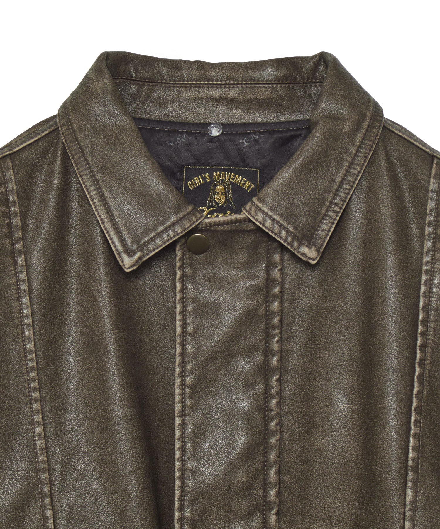 EMBOSSED LOGO PATCH DISTRESSED FAUX LEATHER JACKET