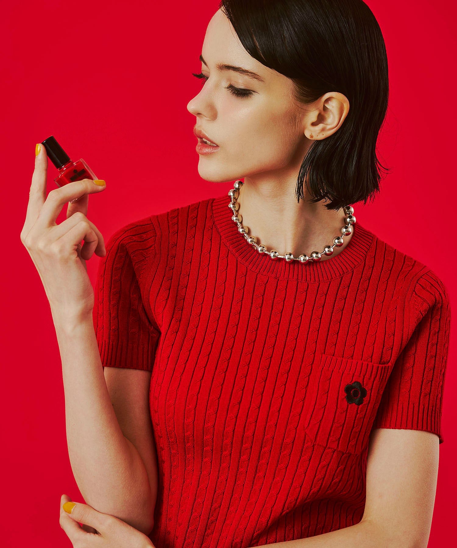 【レッドROSE BUD別注カラー】MARY QUANT/CABLE HALF SLEEVE KNIT