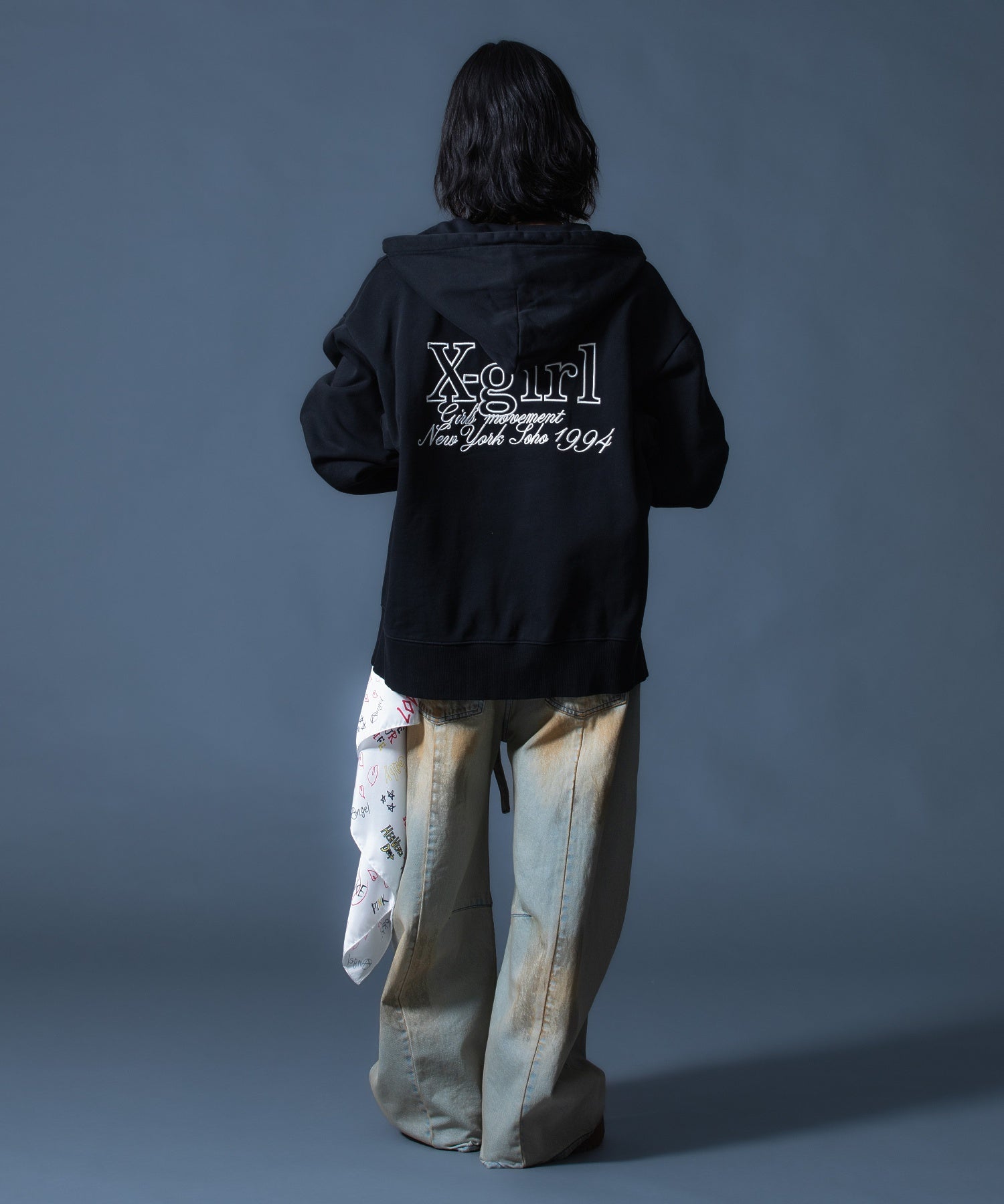 FADED FACE LABEL WIDE BAGGY DENIM PANTS