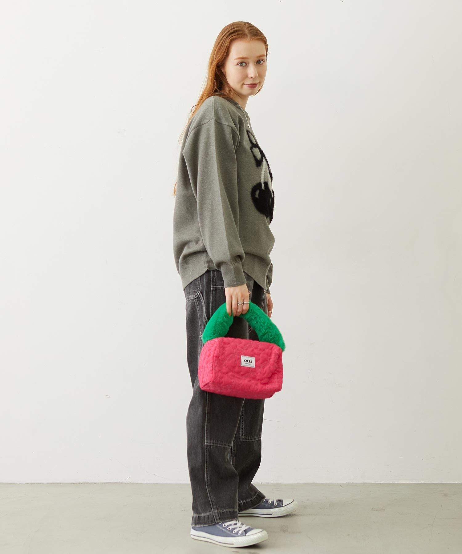 CHERRY QUILTED FUR HANDLE BAG