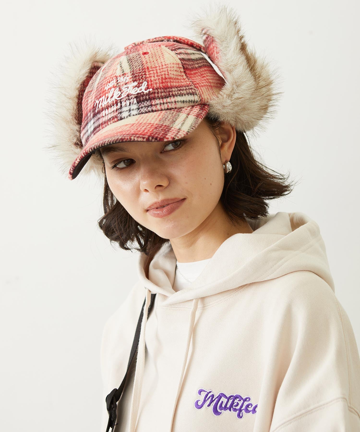 PLAID PATTERN FUR EAR FLAP