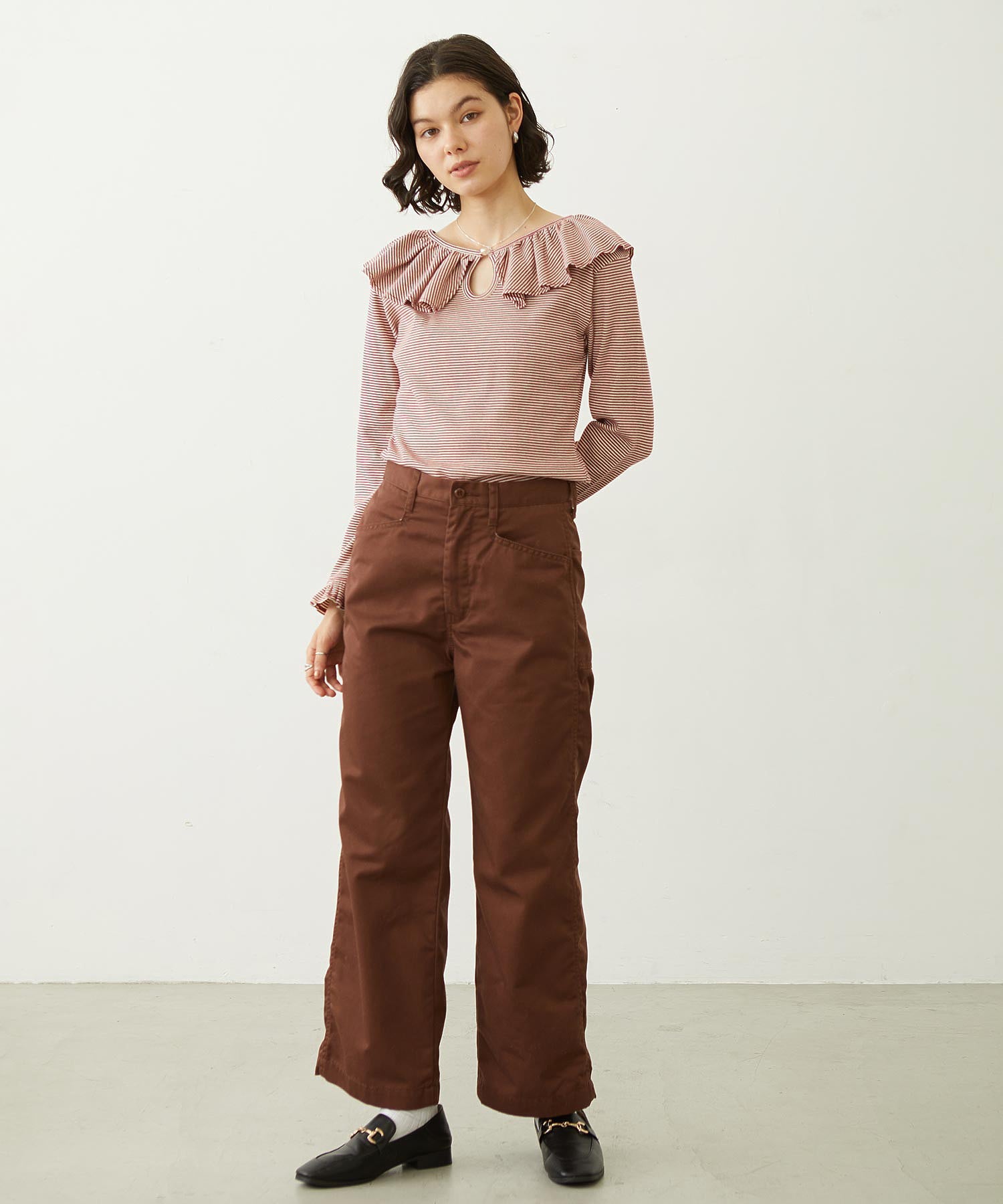 2WAY RUFFLE COLLAR STRIPED L/S TOP