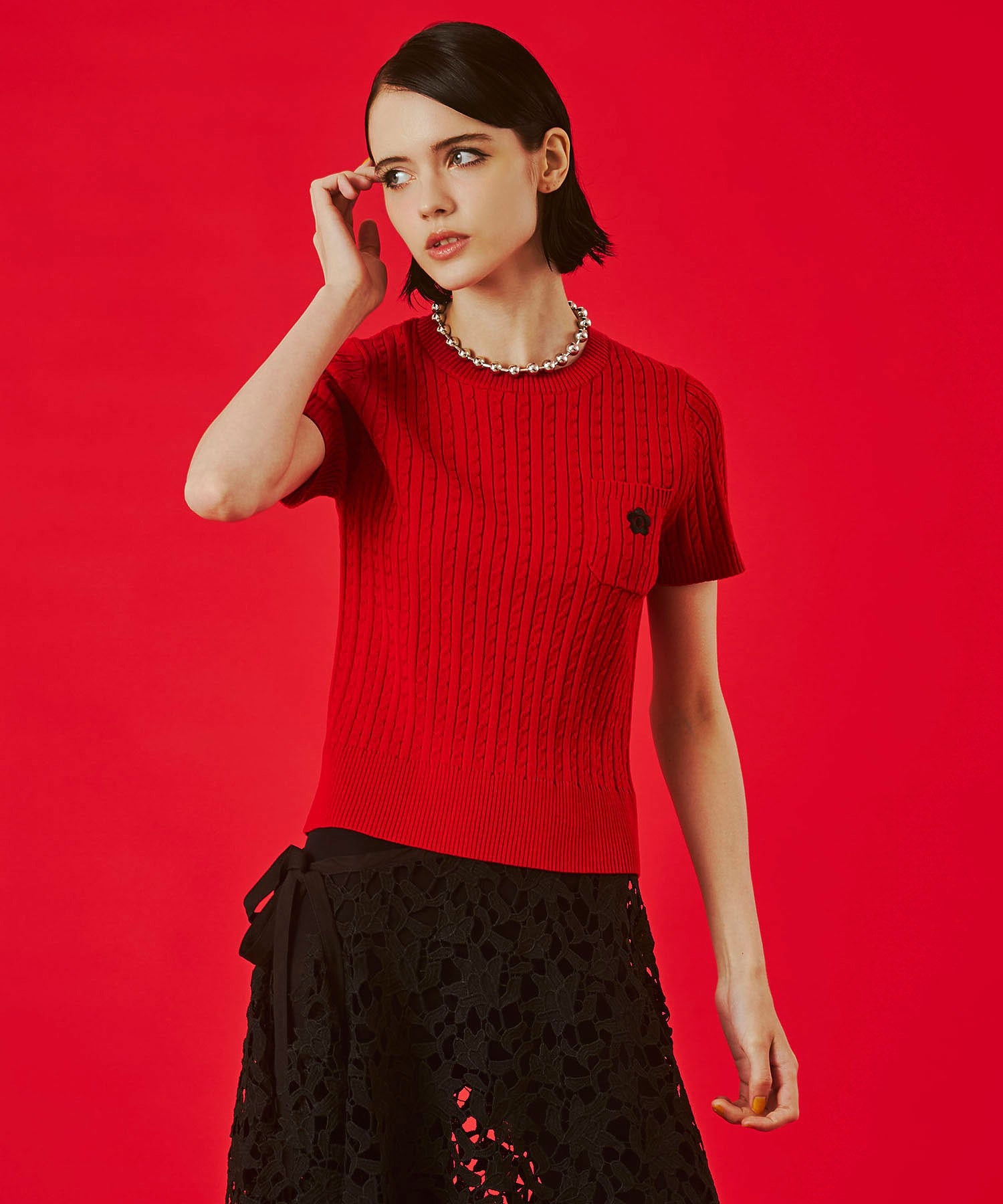 【レッドROSE BUD別注カラー】MARY QUANT/CABLE HALF SLEEVE KNIT
