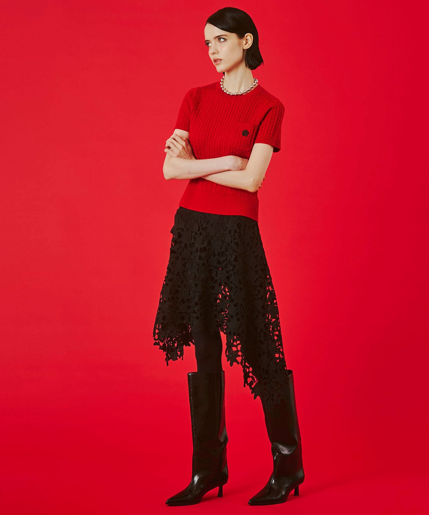 【レッドROSE BUD別注カラー】MARY QUANT/CABLE HALF SLEEVE KNIT