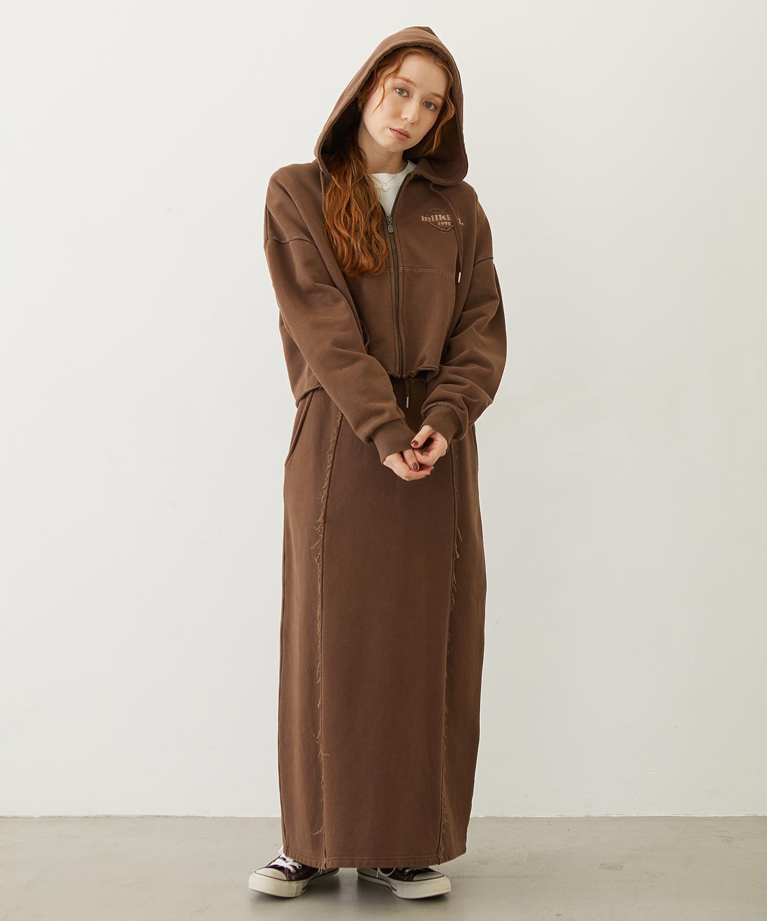 HEART MOTIF FADED CROPPED ZIP UP HOODIE