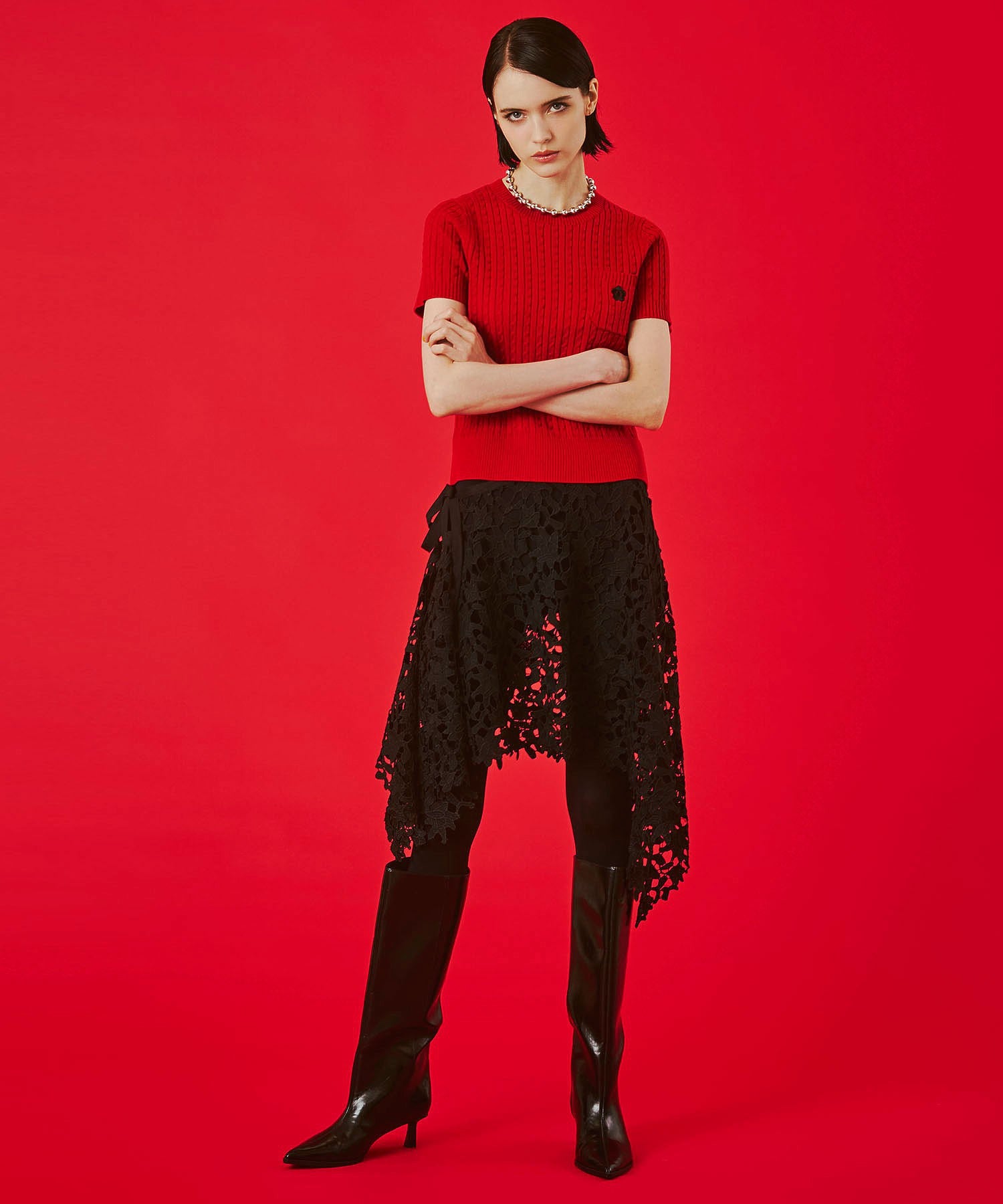【レッドROSE BUD別注カラー】MARY QUANT/CABLE HALF SLEEVE KNIT
