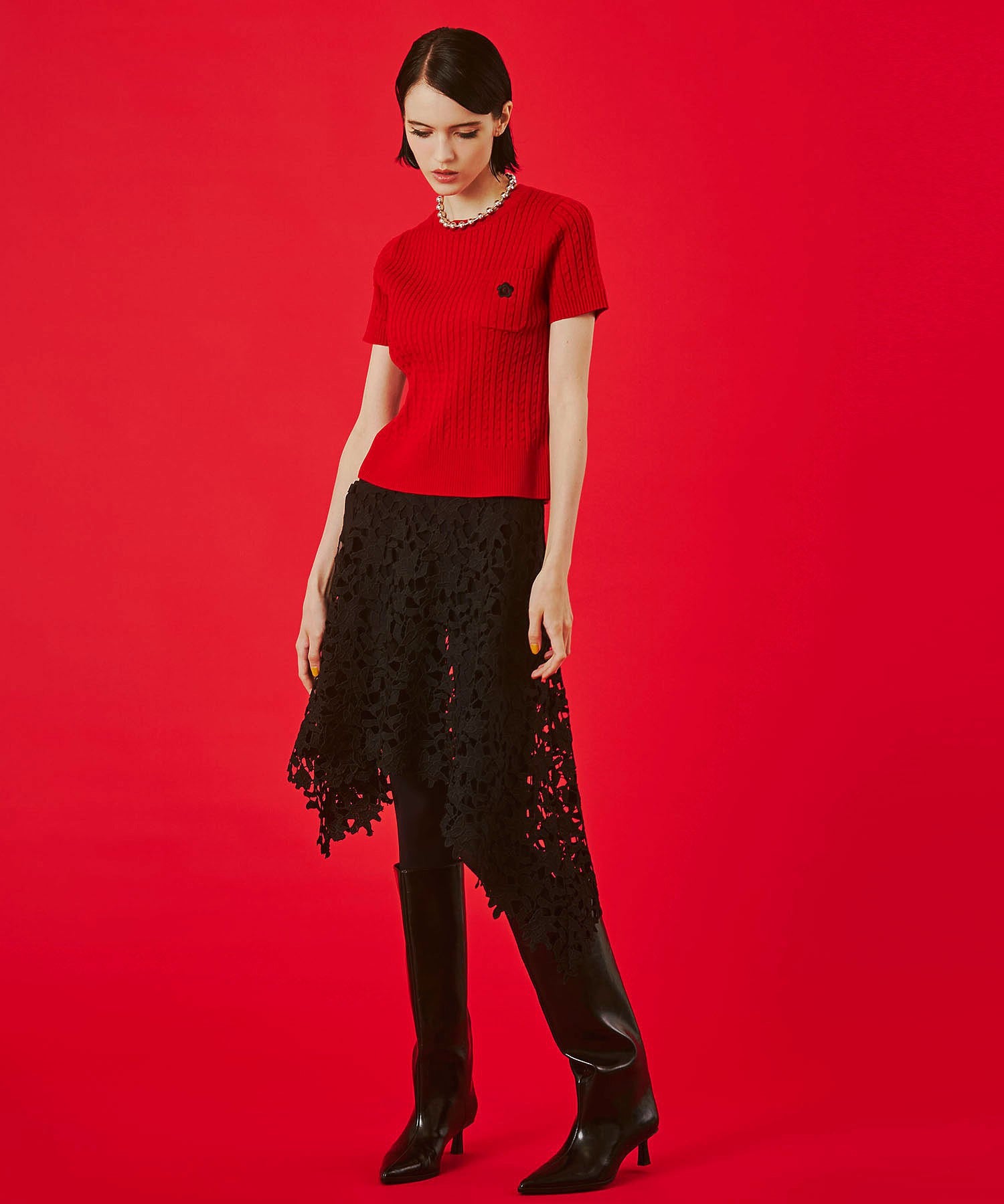 【レッドROSE BUD別注カラー】MARY QUANT/CABLE HALF SLEEVE KNIT