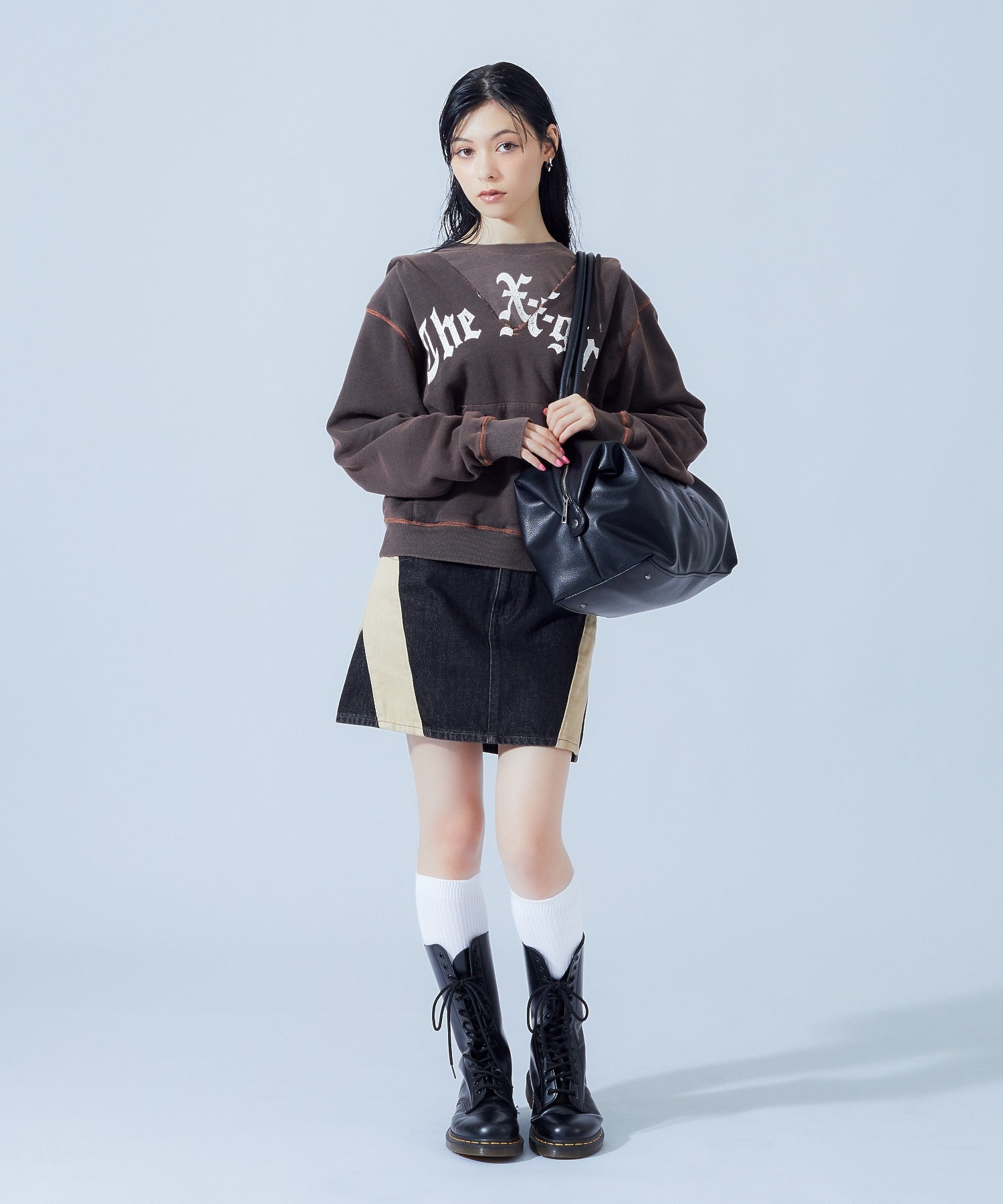 CONTRAST PANELED DENIM MINI SKIRT