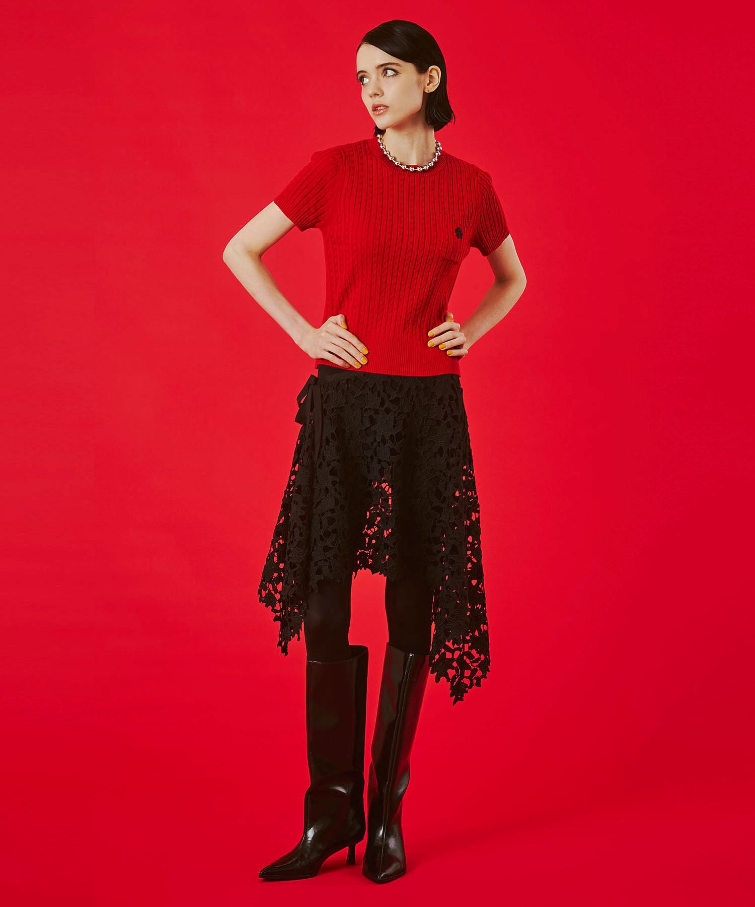 【レッドROSE BUD別注カラー】MARY QUANT/CABLE HALF SLEEVE KNIT