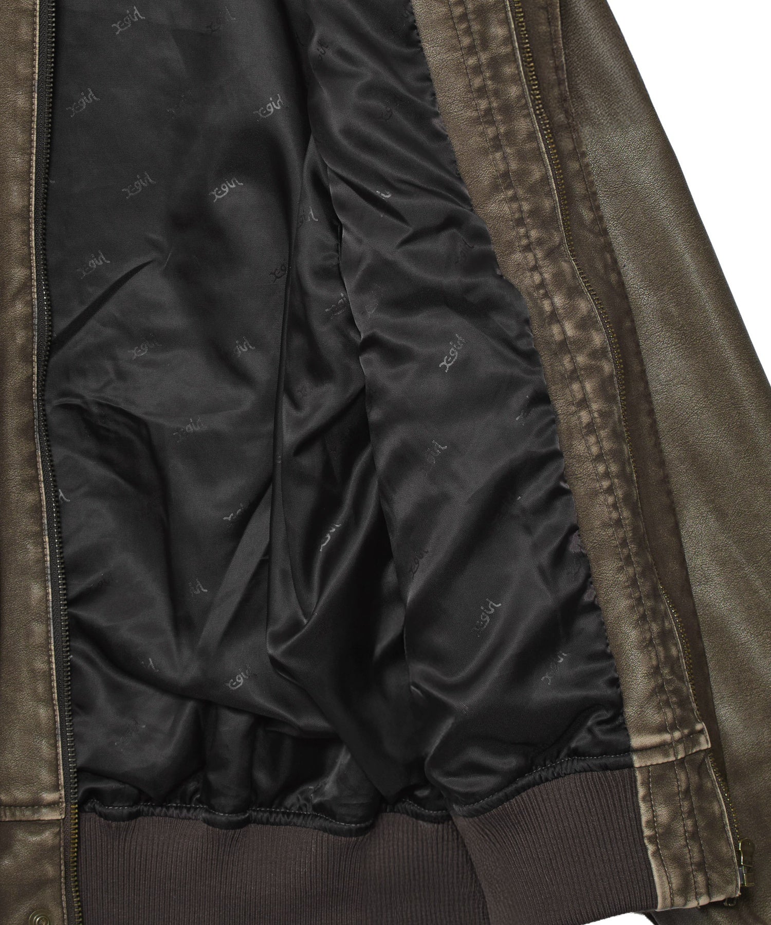 EMBOSSED LOGO PATCH DISTRESSED FAUX LEATHER JACKET
