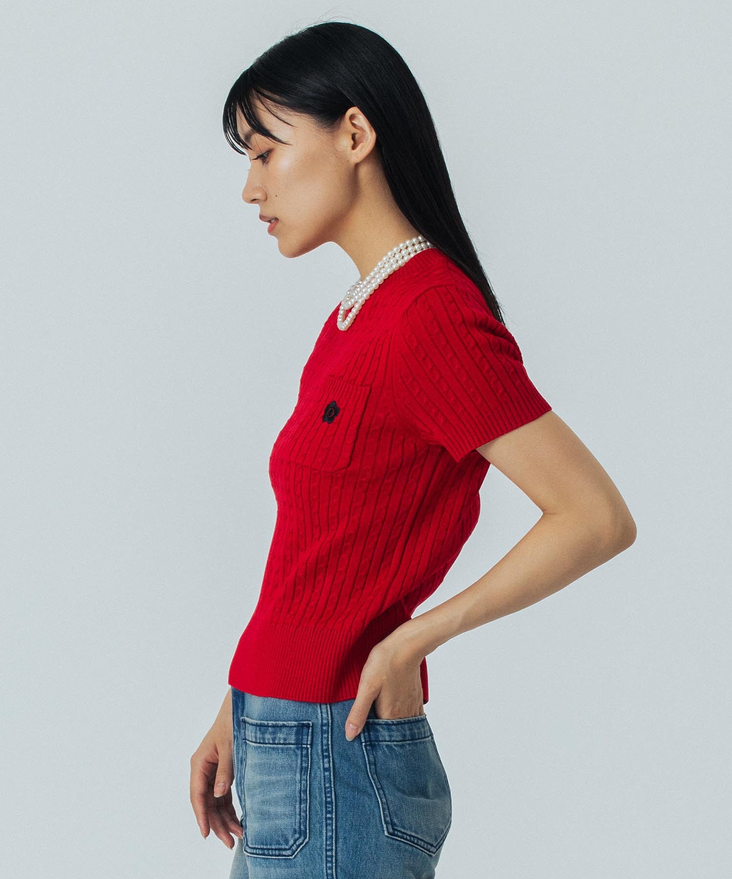 【レッドROSE BUD別注カラー】MARY QUANT/CABLE HALF SLEEVE KNIT