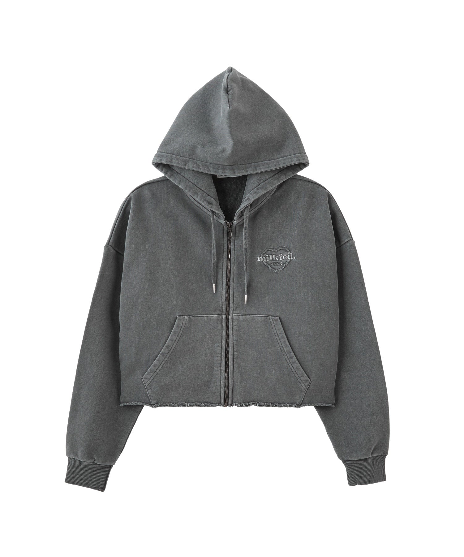 HEART MOTIF FADED CROPPED ZIP UP HOODIE