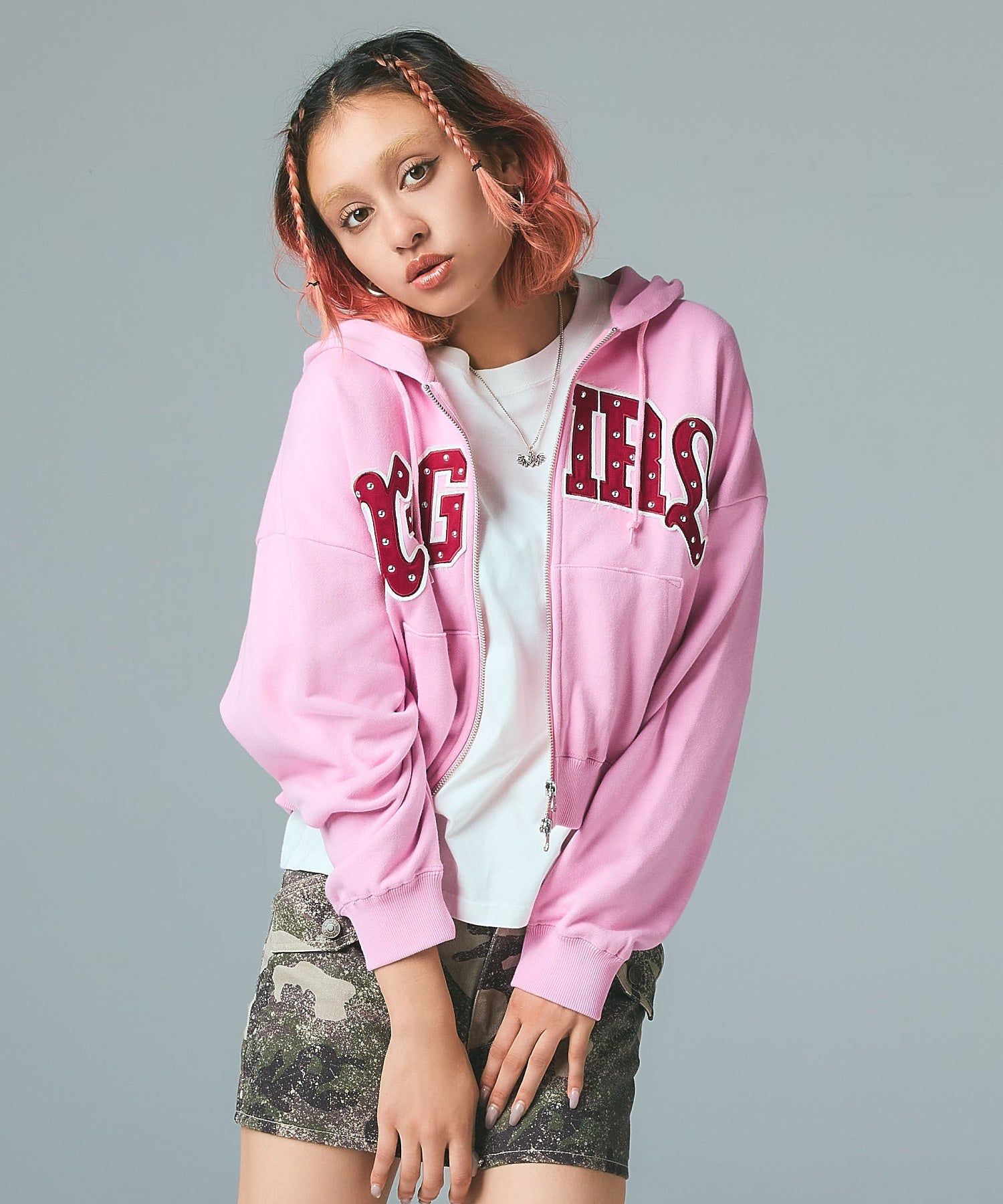 STUDDED LOGO ZIP UP SWEAT HOODIE