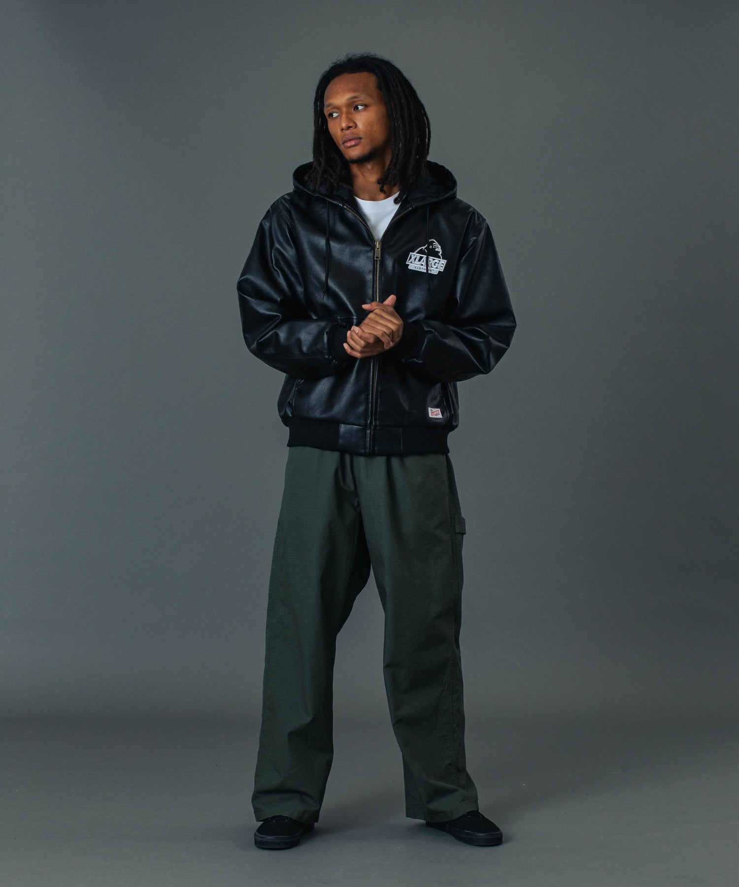 FAUX LEATHER HOODED WORK JACKET